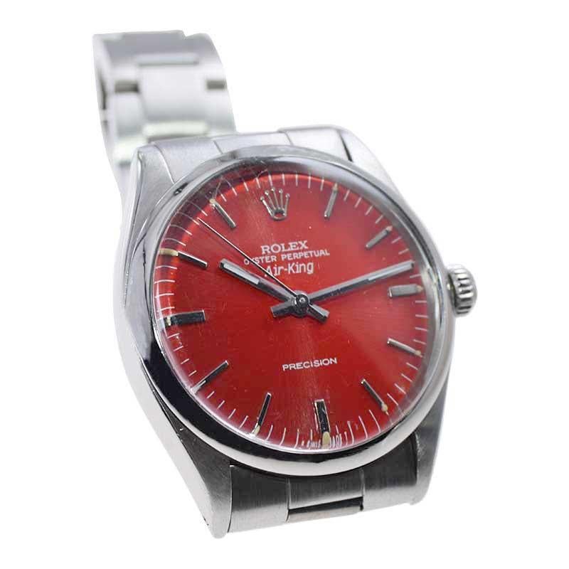 Rolex Steel Air King with a Custom Red Dial and Original Oyster Bracelet Mid 60s For Sale 1