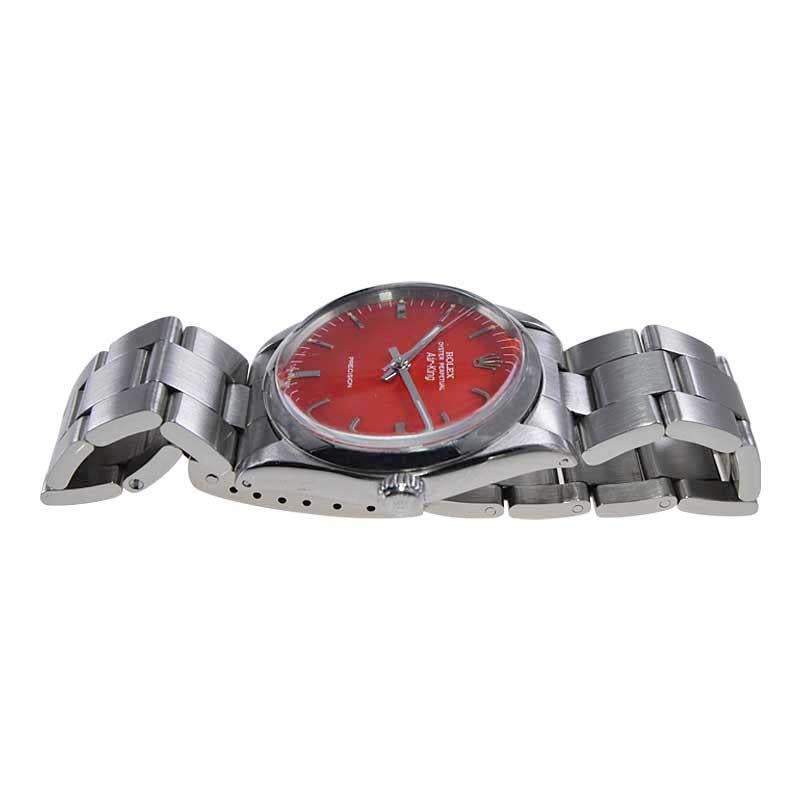 Rolex Steel Air King with a Custom Red Dial and Original Oyster Bracelet Mid 60s For Sale 2
