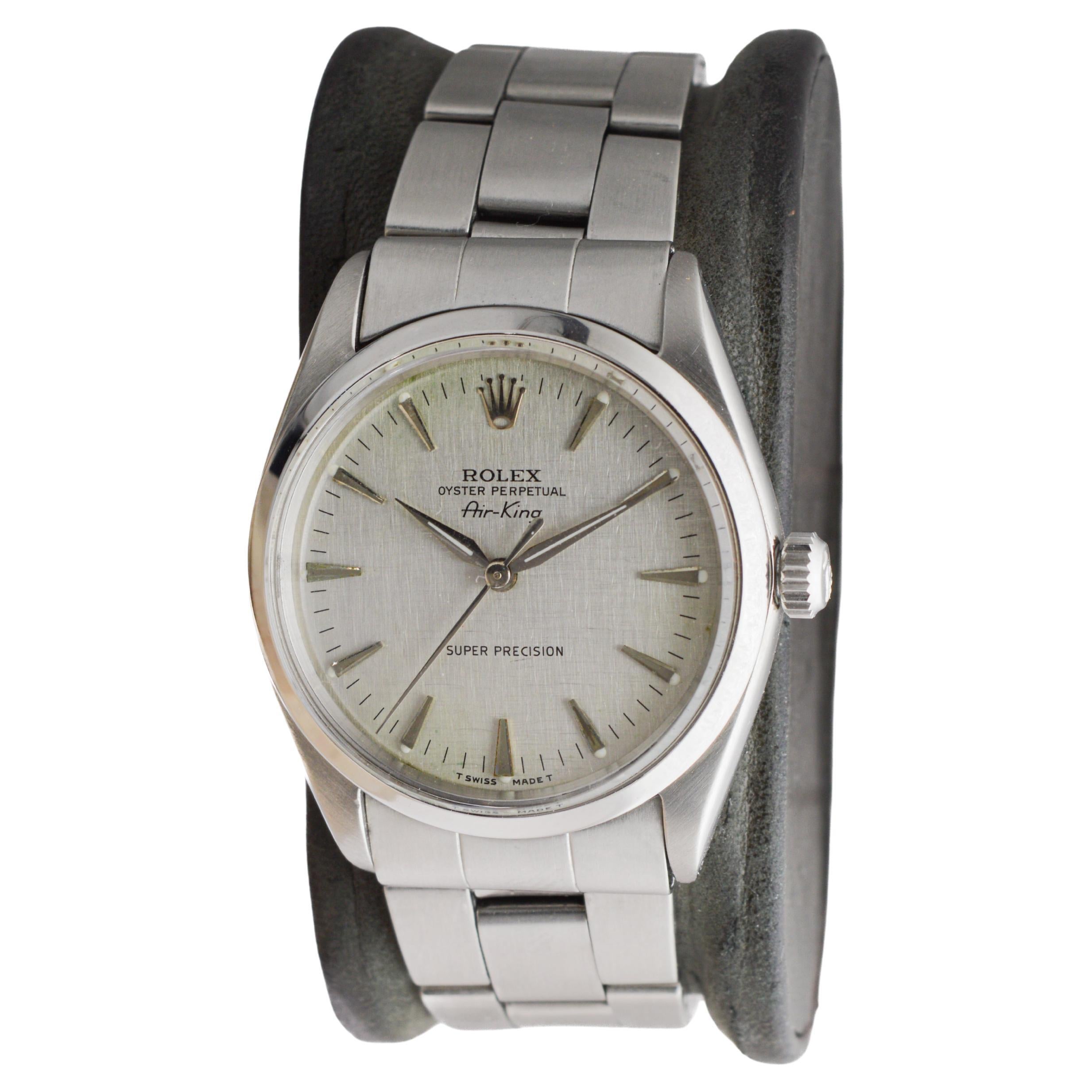 Women's or Men's Rolex Steel Air King with a Rare Horizontal Grained Original Dial from 1964 For Sale