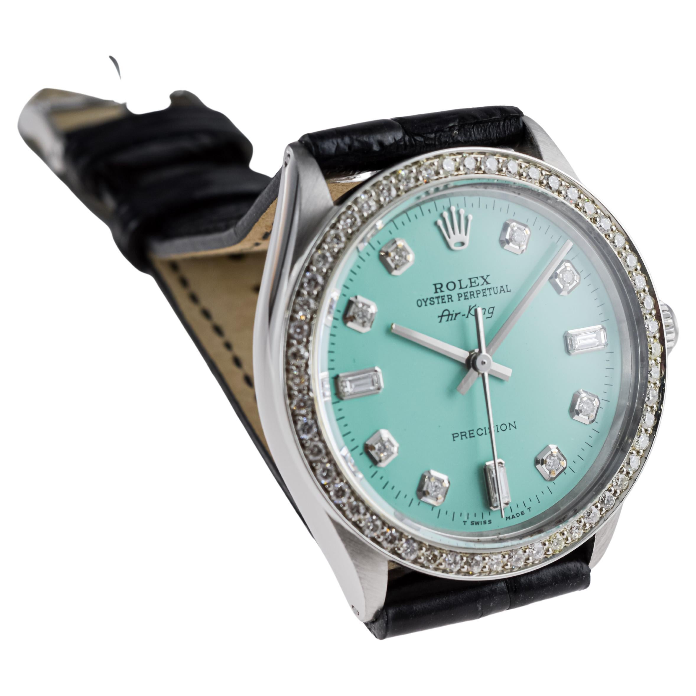 Rolex Steel Air King With Custom Blue Dial and Diamond Bezel 1970s For Sale 5
