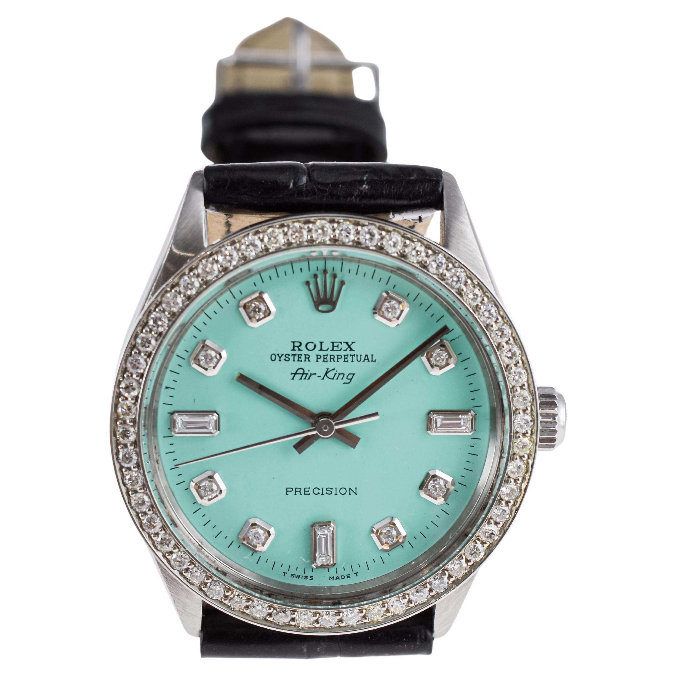Rolex Steel Air King With Custom Blue Dial and Diamond Bezel 1970s For Sale 6