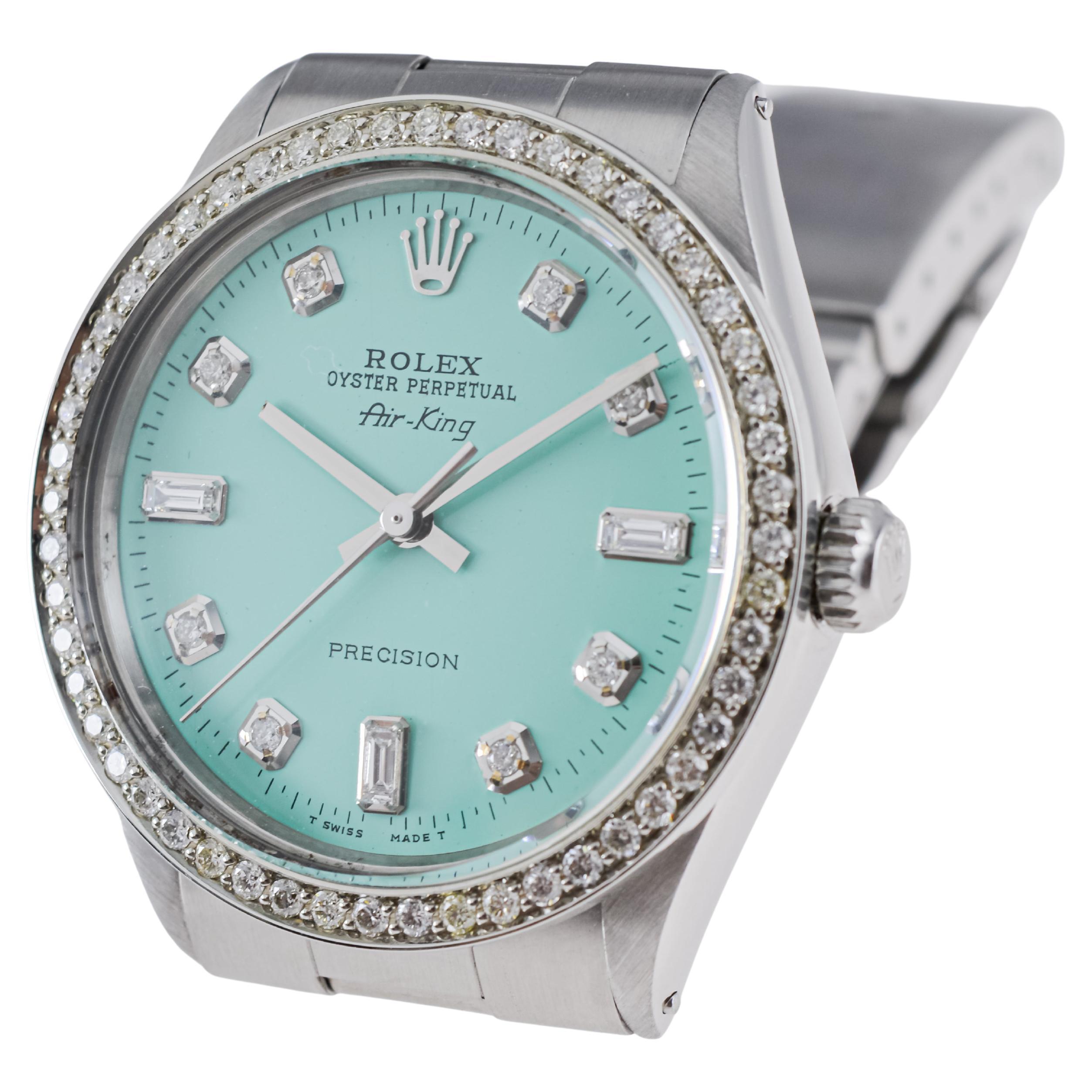 Rolex Steel Air King With Custom Blue Dial and Diamond Bezel 1970s For Sale 6