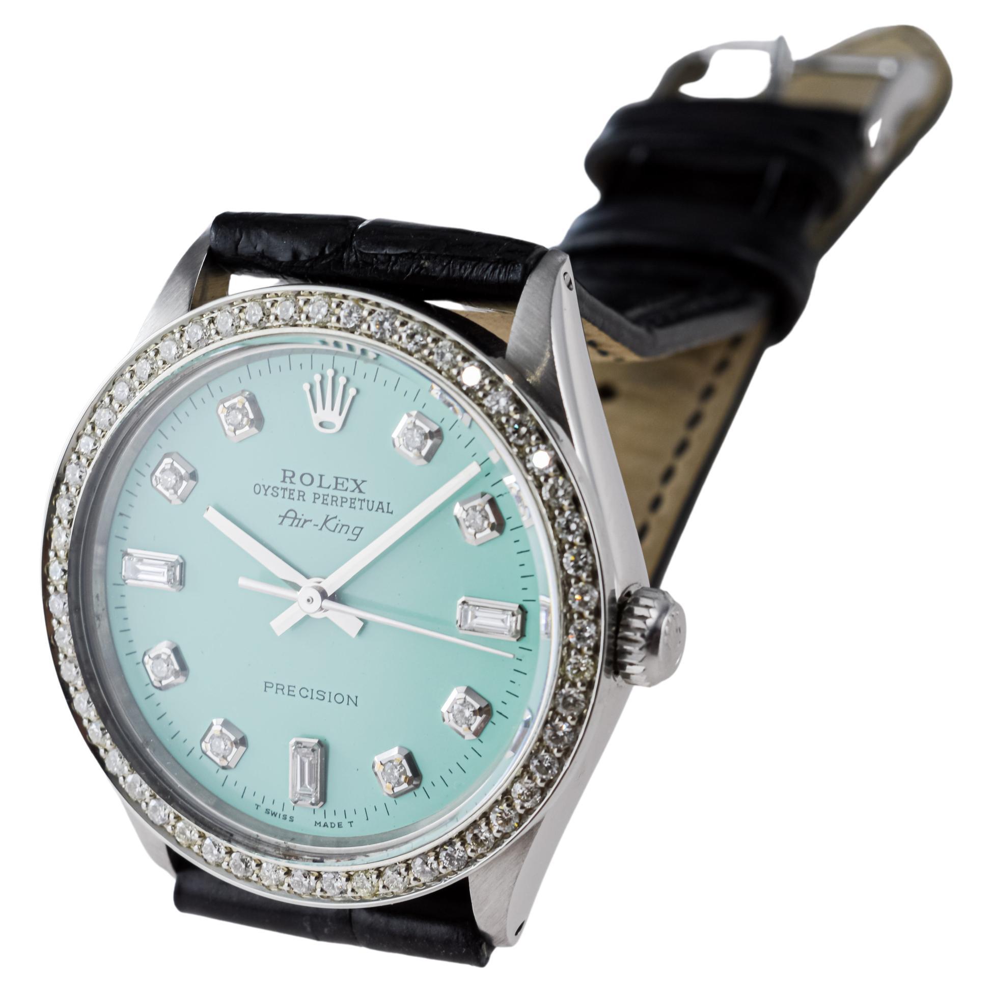 Rolex Steel Air King With Custom Blue Dial and Diamond Bezel 1970s For Sale 7