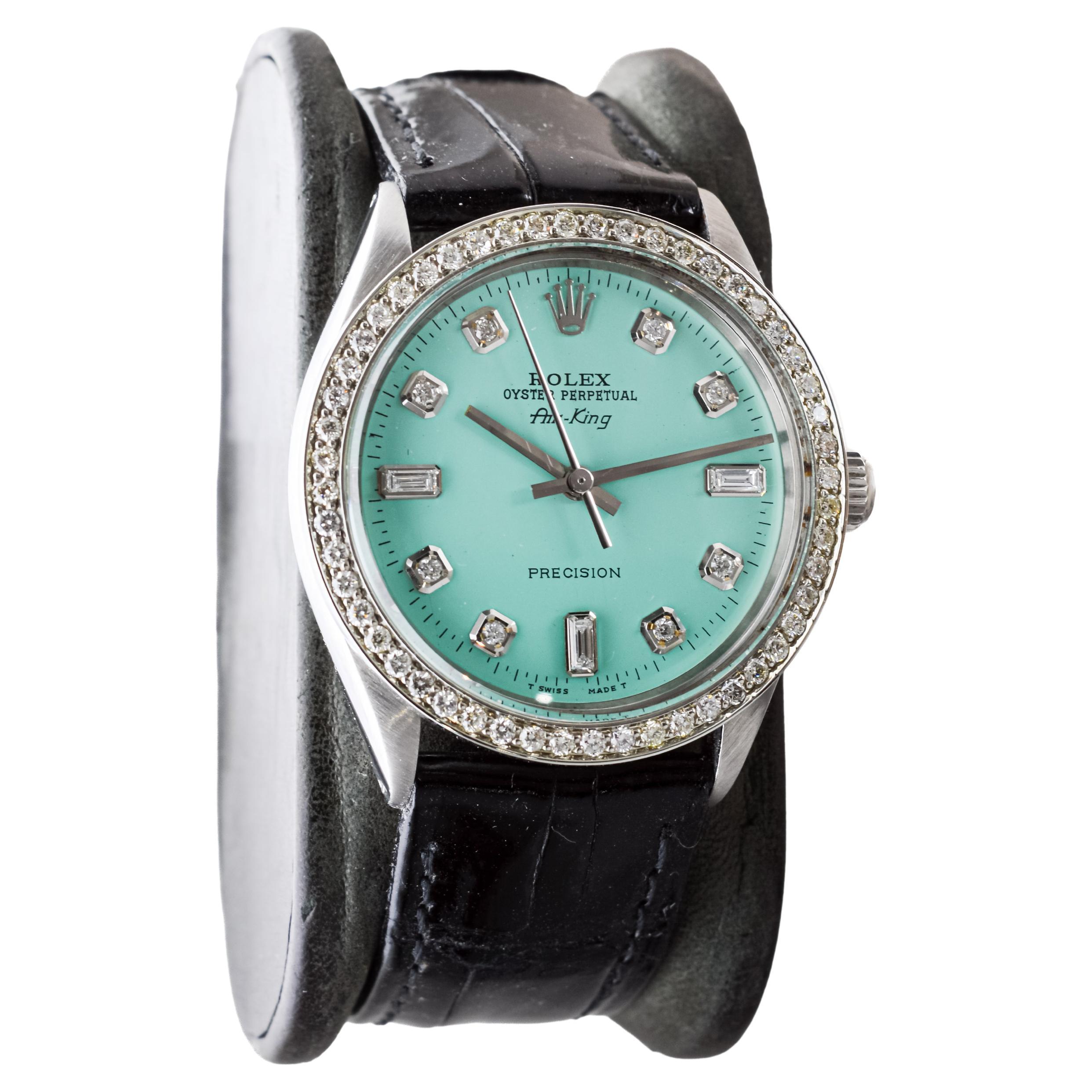 Modern Rolex Steel Air King With Custom Blue Dial and Diamond Bezel 1970s For Sale
