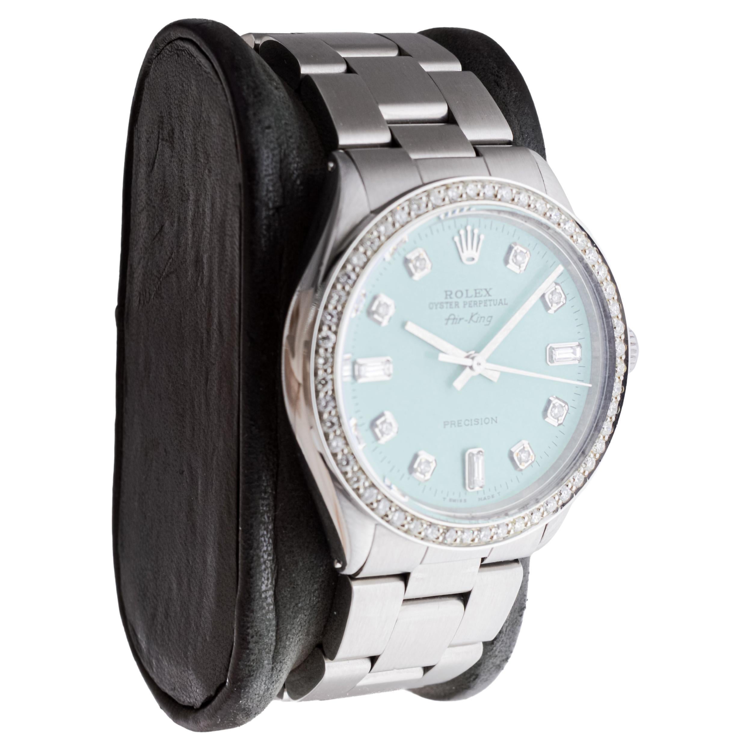 Moderne Rolex Air King avec cadran bleu personnalisé et lunette en diamant, années 1970