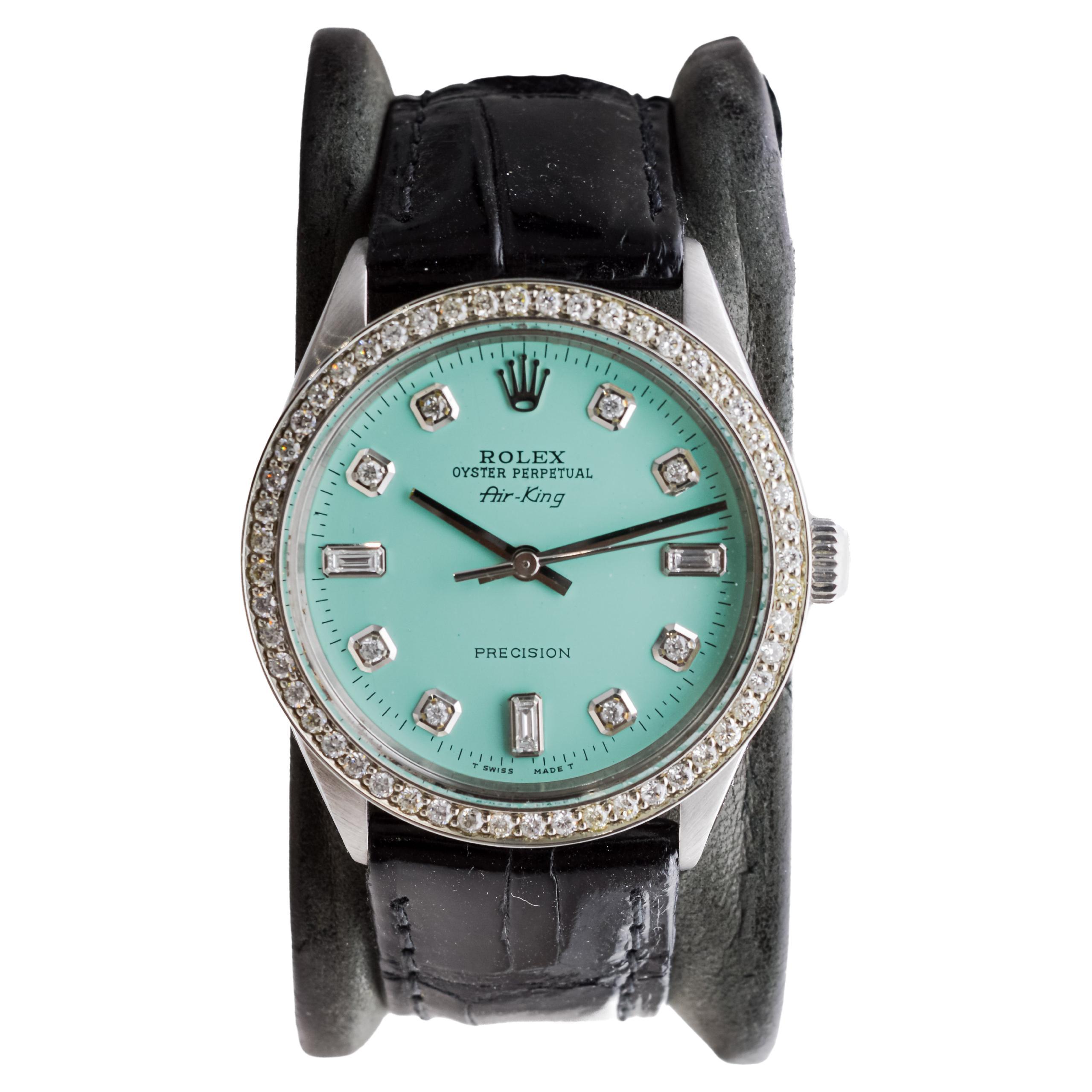 Rolex Steel Air King With Custom Blue Dial and Diamond Bezel 1970s In Excellent Condition For Sale In Long Beach, CA