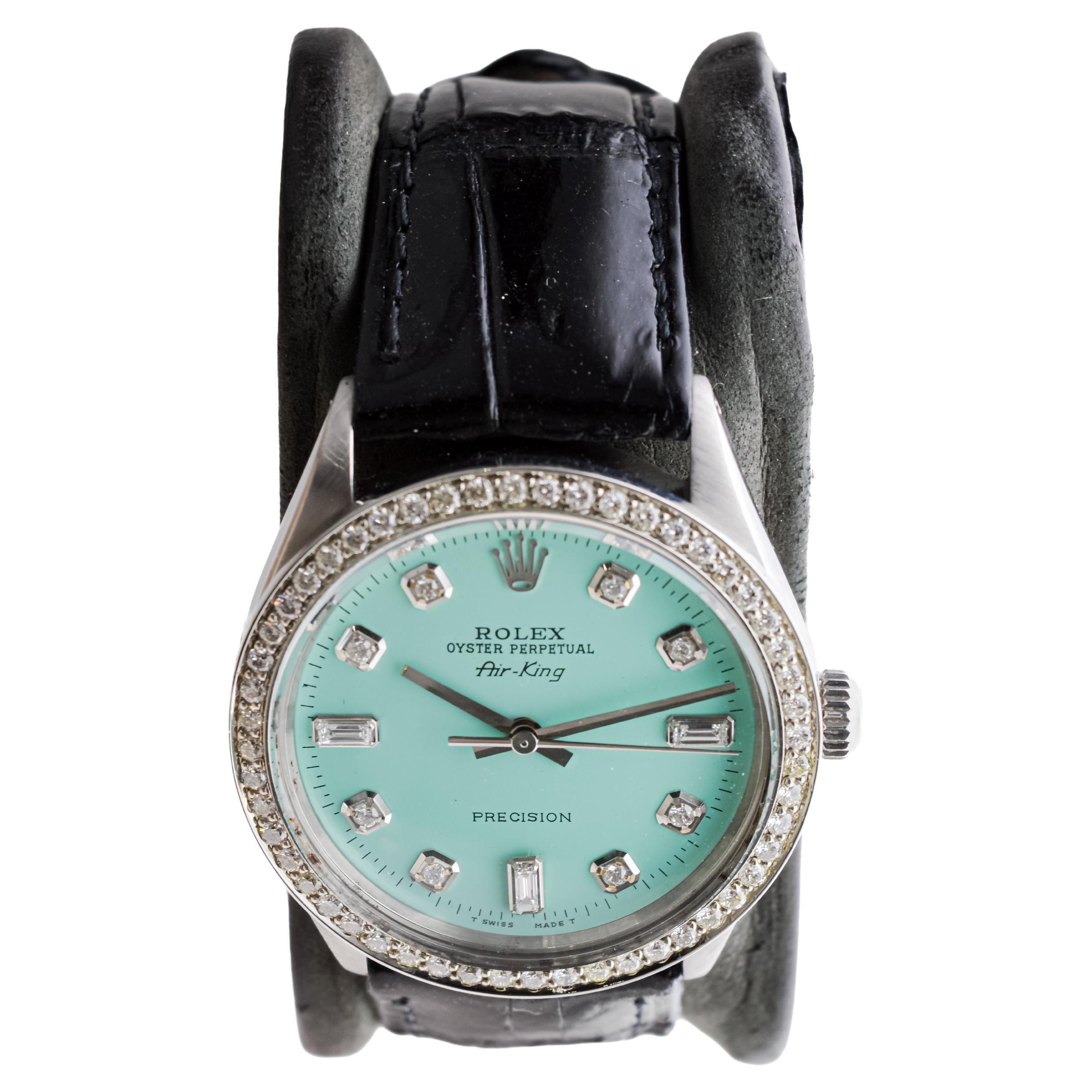 Rolex Steel Air King With Custom Blue Dial and Diamond Bezel 1970s For Sale 1