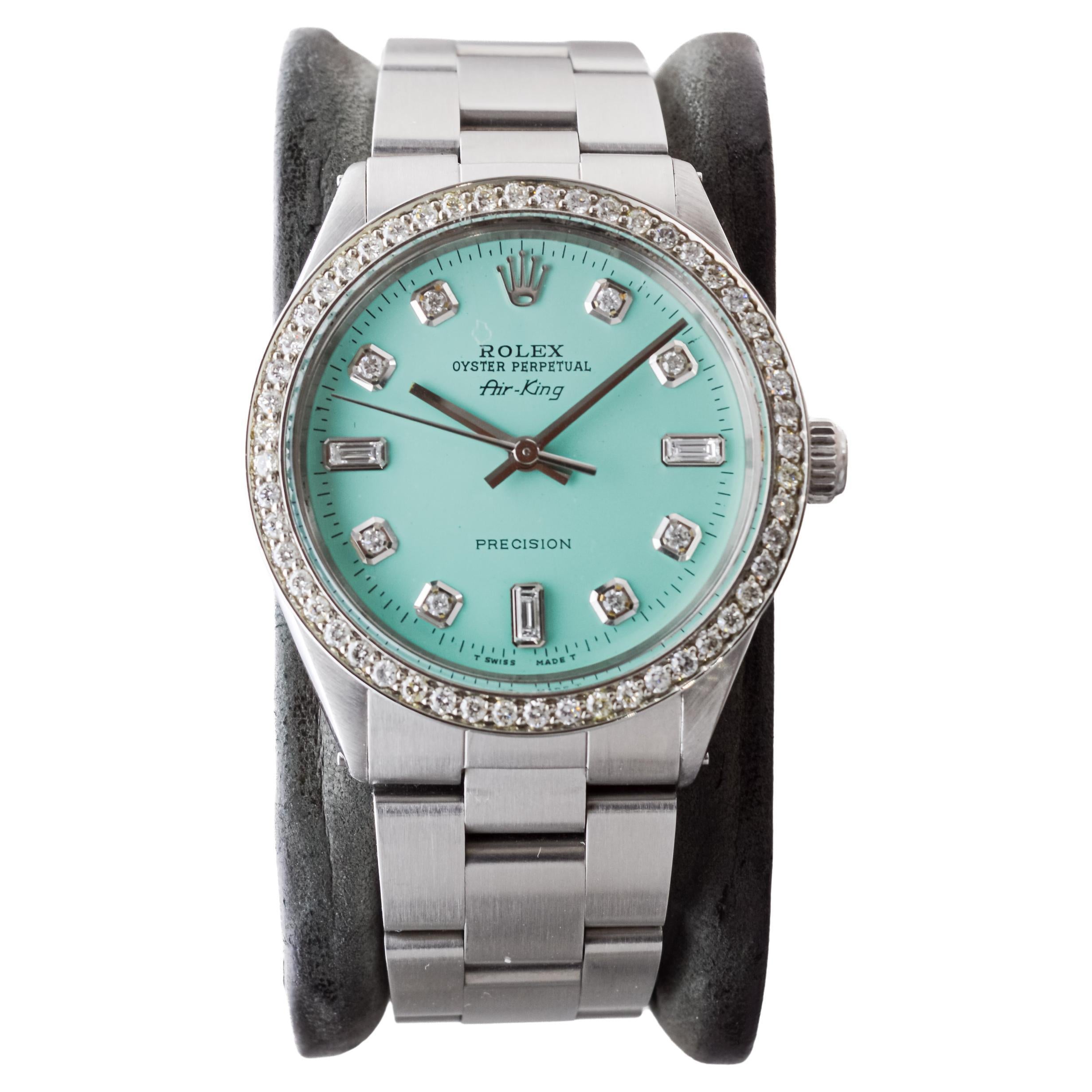  Rolex Air King avec cadran bleu personnalisé et lunette en diamant, années 1970 Unisexe 