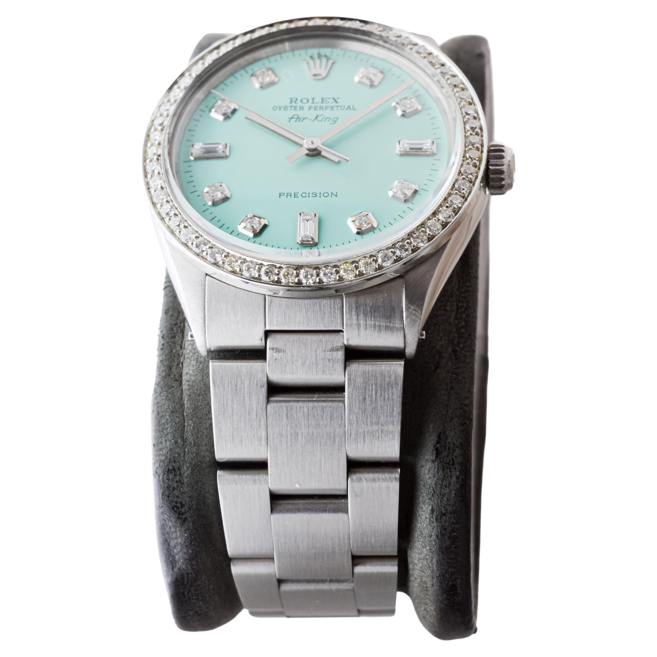 Rolex Steel Air King With Custom Blue Dial and Diamond Bezel 1970s For Sale 1