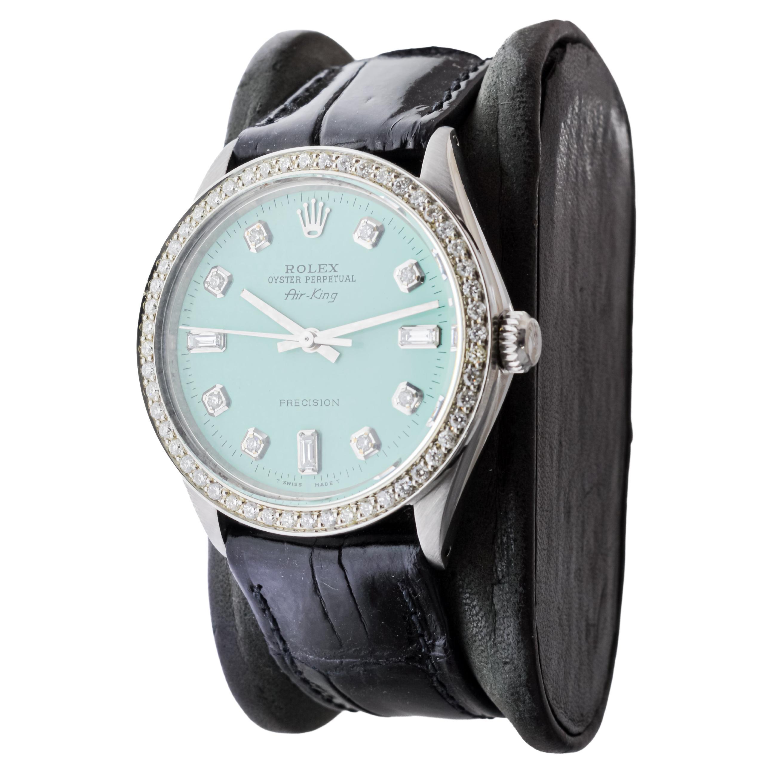Rolex Steel Air King With Custom Blue Dial and Diamond Bezel 1970s For Sale 2