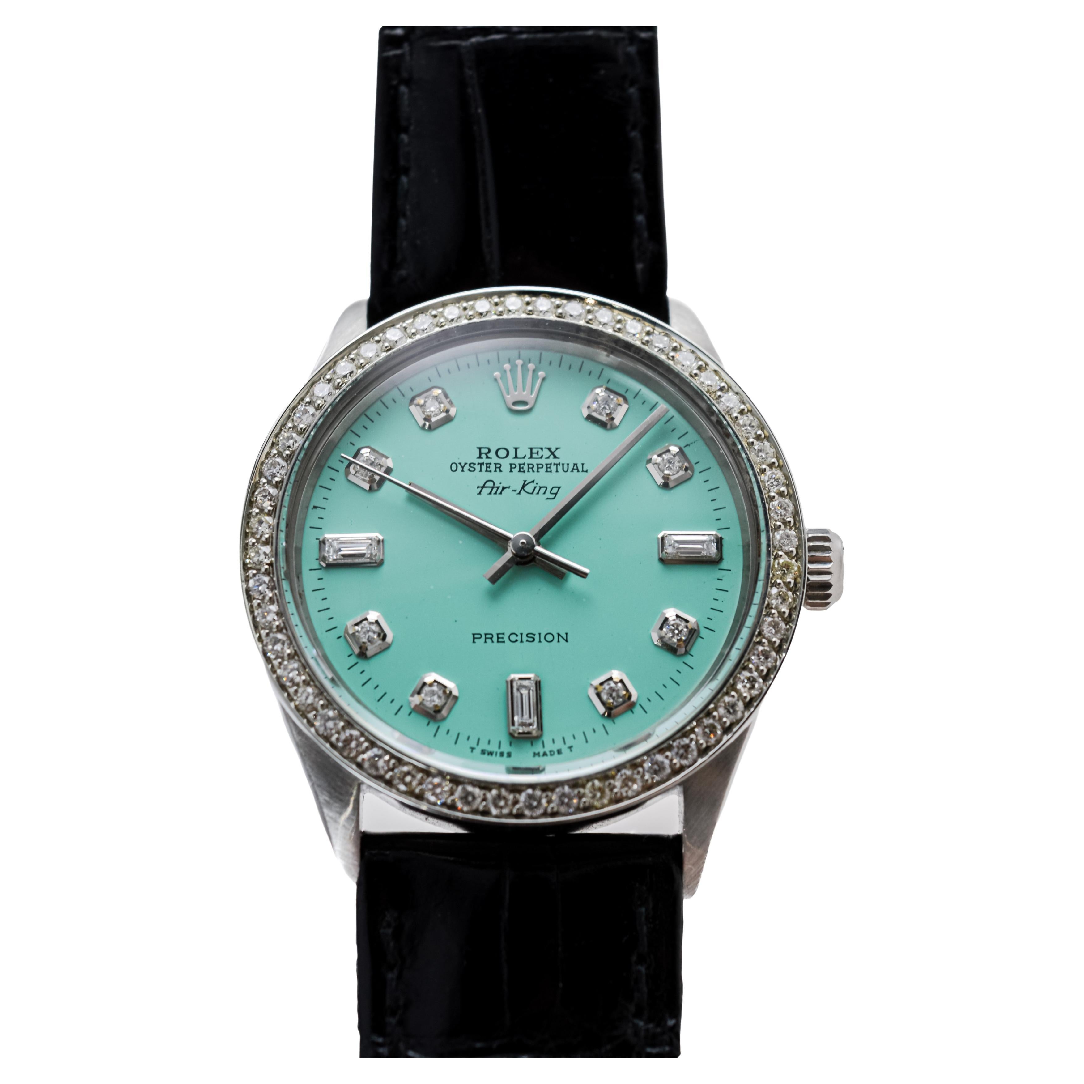 Rolex Steel Air King With Custom Blue Dial and Diamond Bezel 1970s For Sale 4