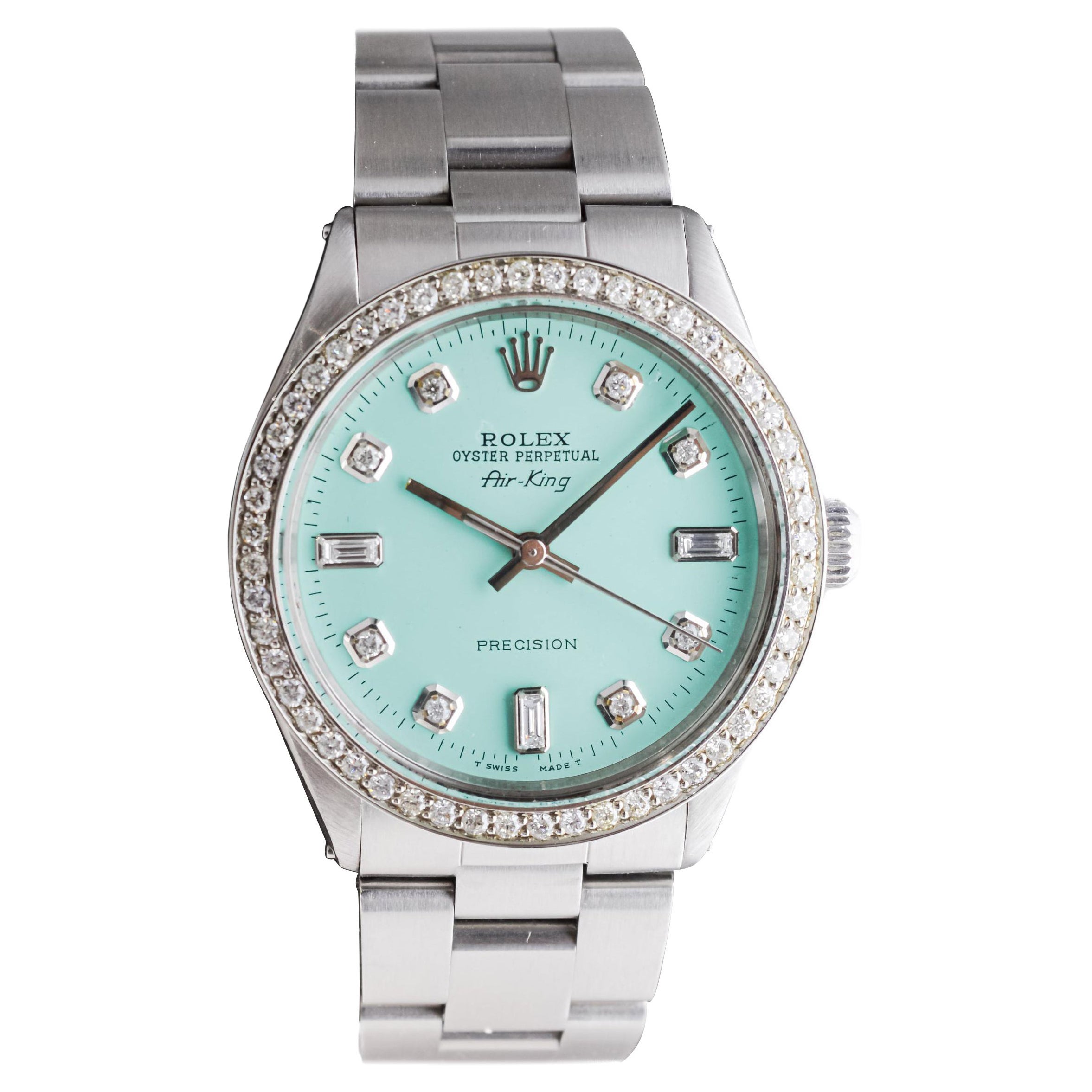 Rolex Air King in acciaio con quadrante blu personalizzato e lunetta con diamanti anni '70