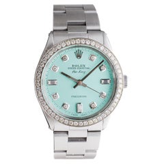 Rolex Air King in acciaio con quadrante blu personalizzato e lunetta con diamanti anni '70