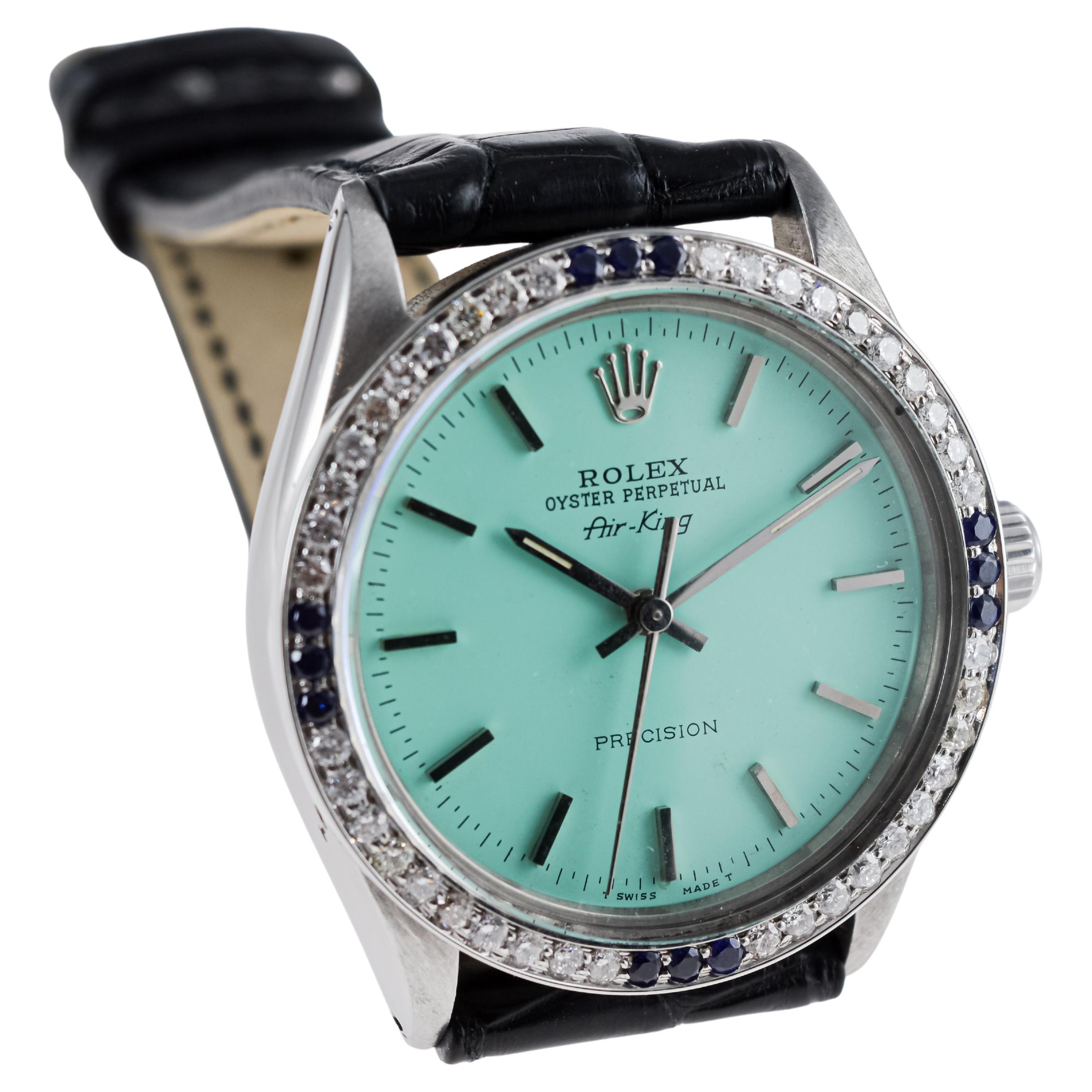 Rolex Steel Air-King with Custom Blue Dial And Diamond Bezel circa 1970's For Sale 5