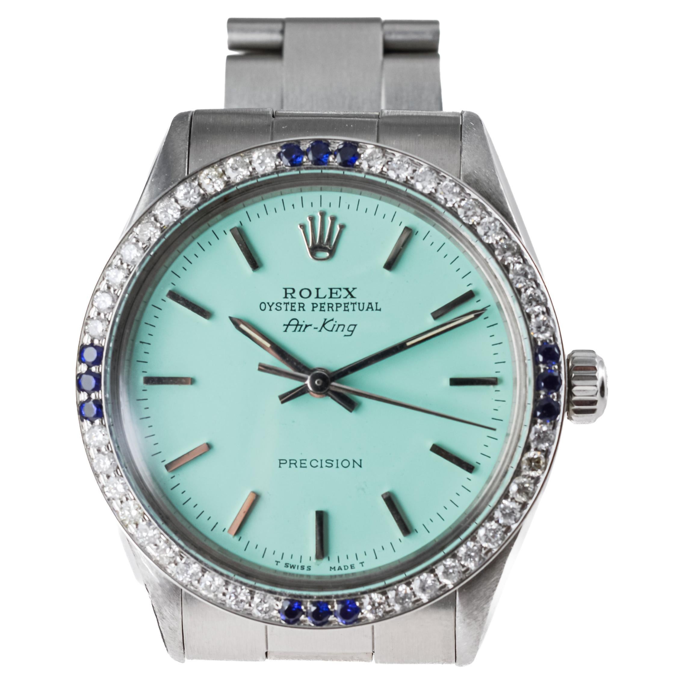 Rolex Steel Air-King with Custom Blue Dial and Diamond Bezel circa 1970's For Sale 5
