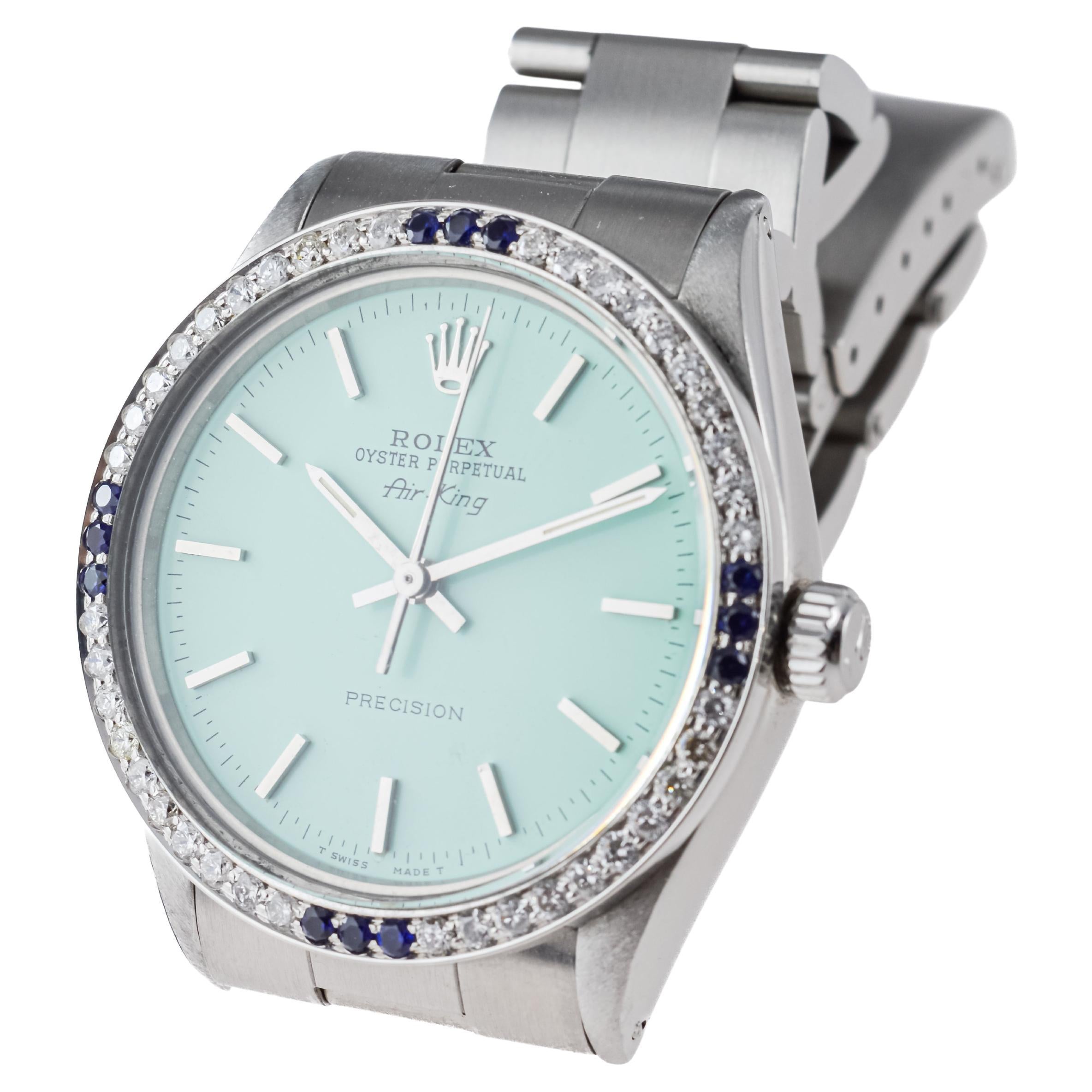 Rolex Steel Air-King with Custom Blue Dial and Diamond Bezel circa 1970's For Sale 6