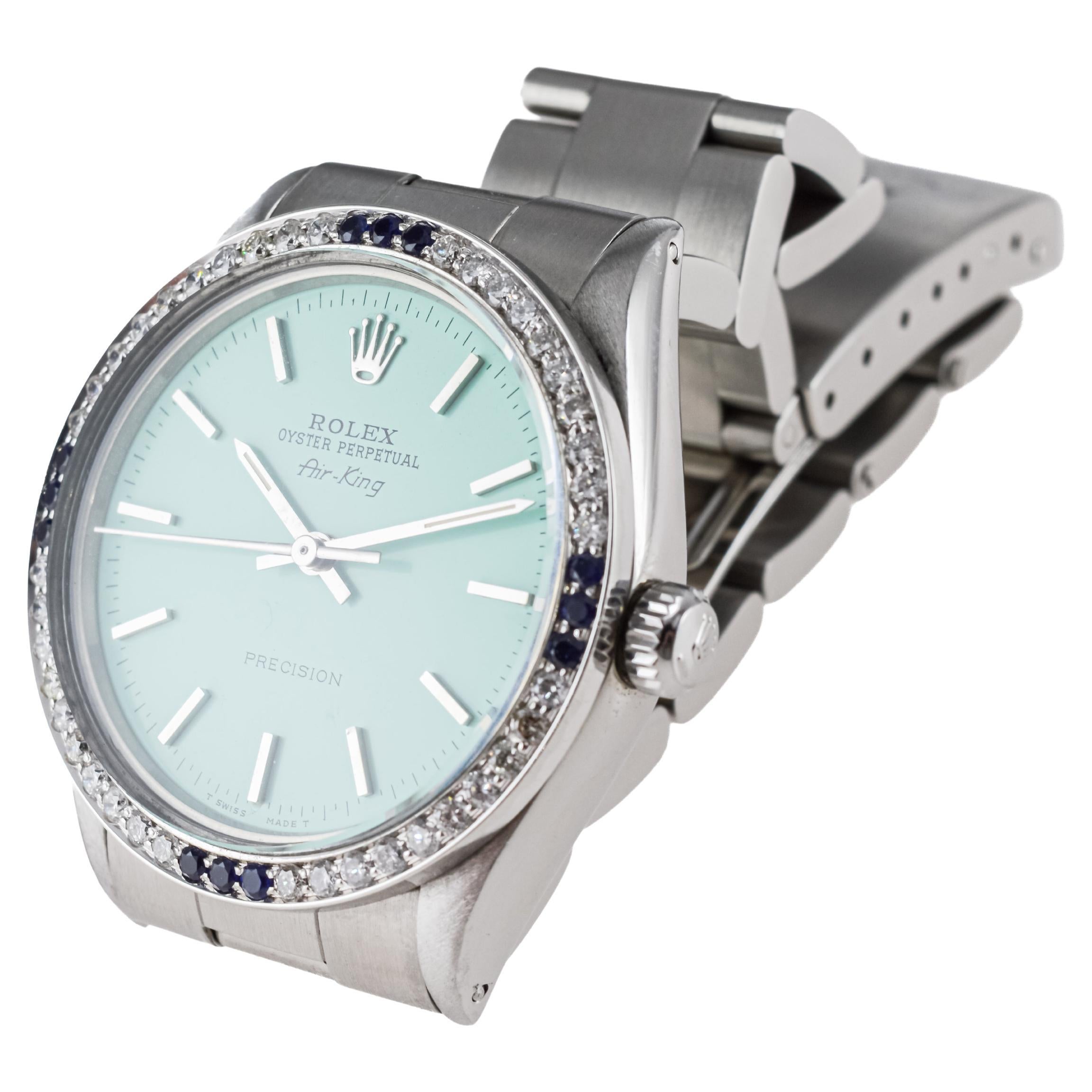 Rolex Steel Air-King with Custom Blue Dial and Diamond Bezel circa 1970's For Sale 7