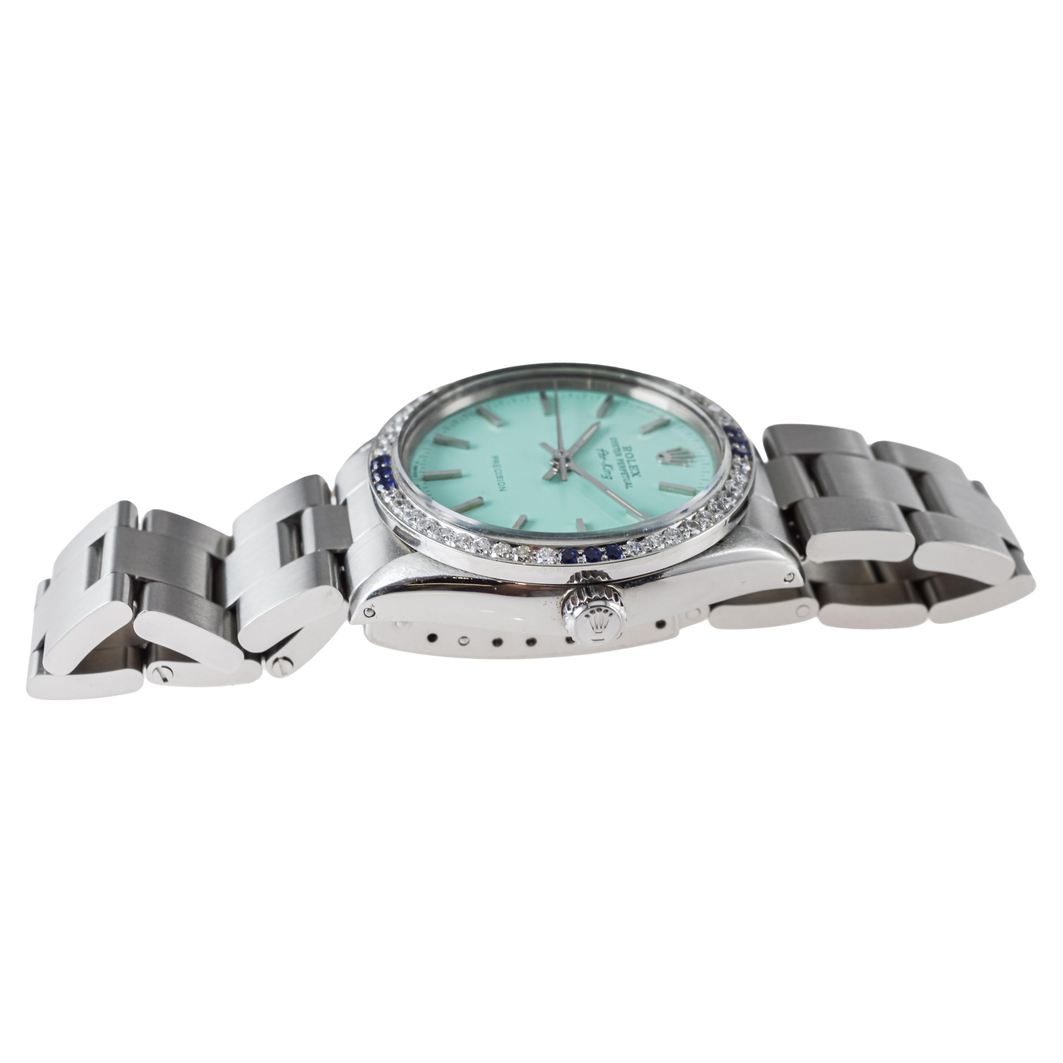 Rolex Steel Air-King with Custom Blue Dial and Diamond Bezel circa 1970's For Sale 8