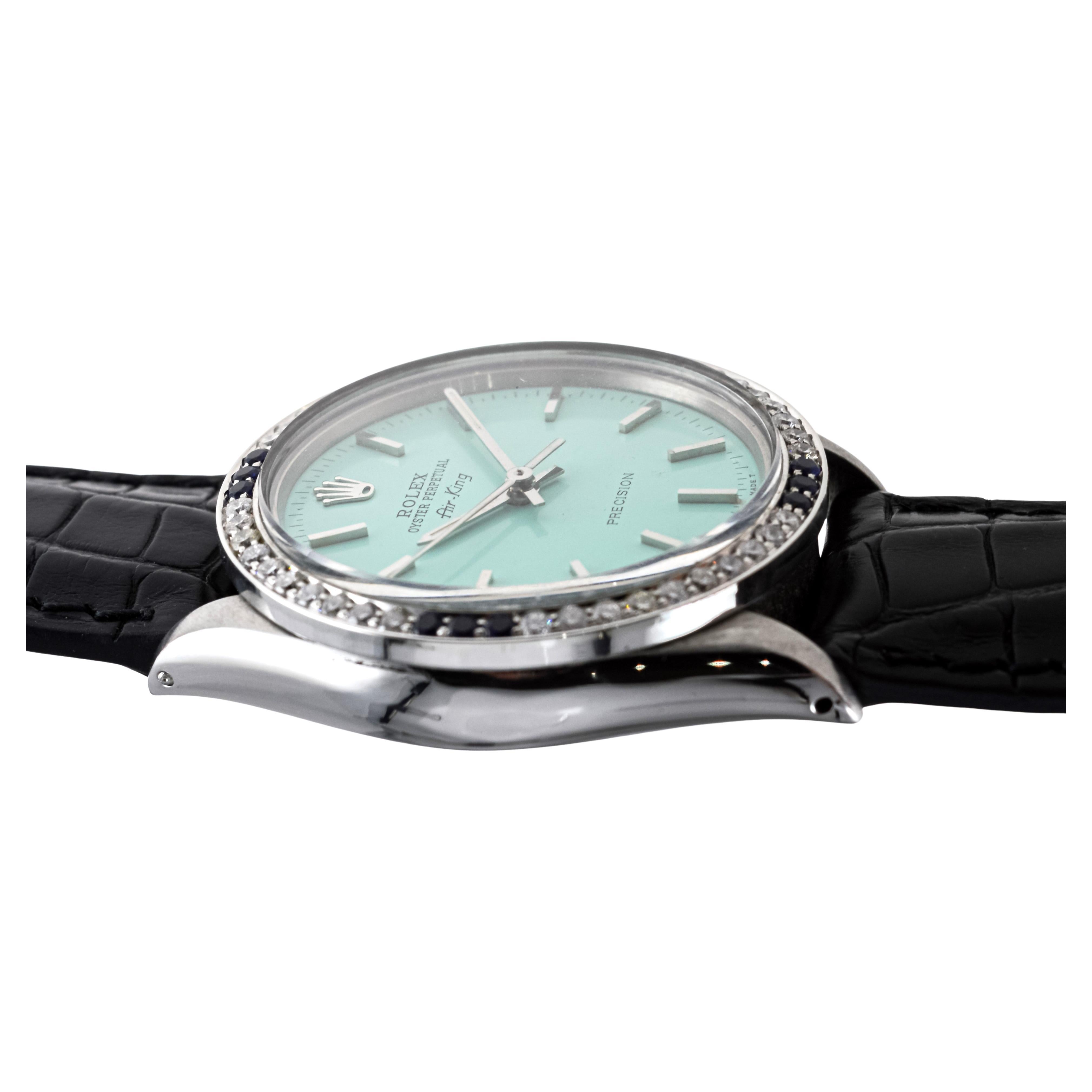 Rolex Steel Air-King with Custom Blue Dial And Diamond Bezel circa 1970's For Sale 9