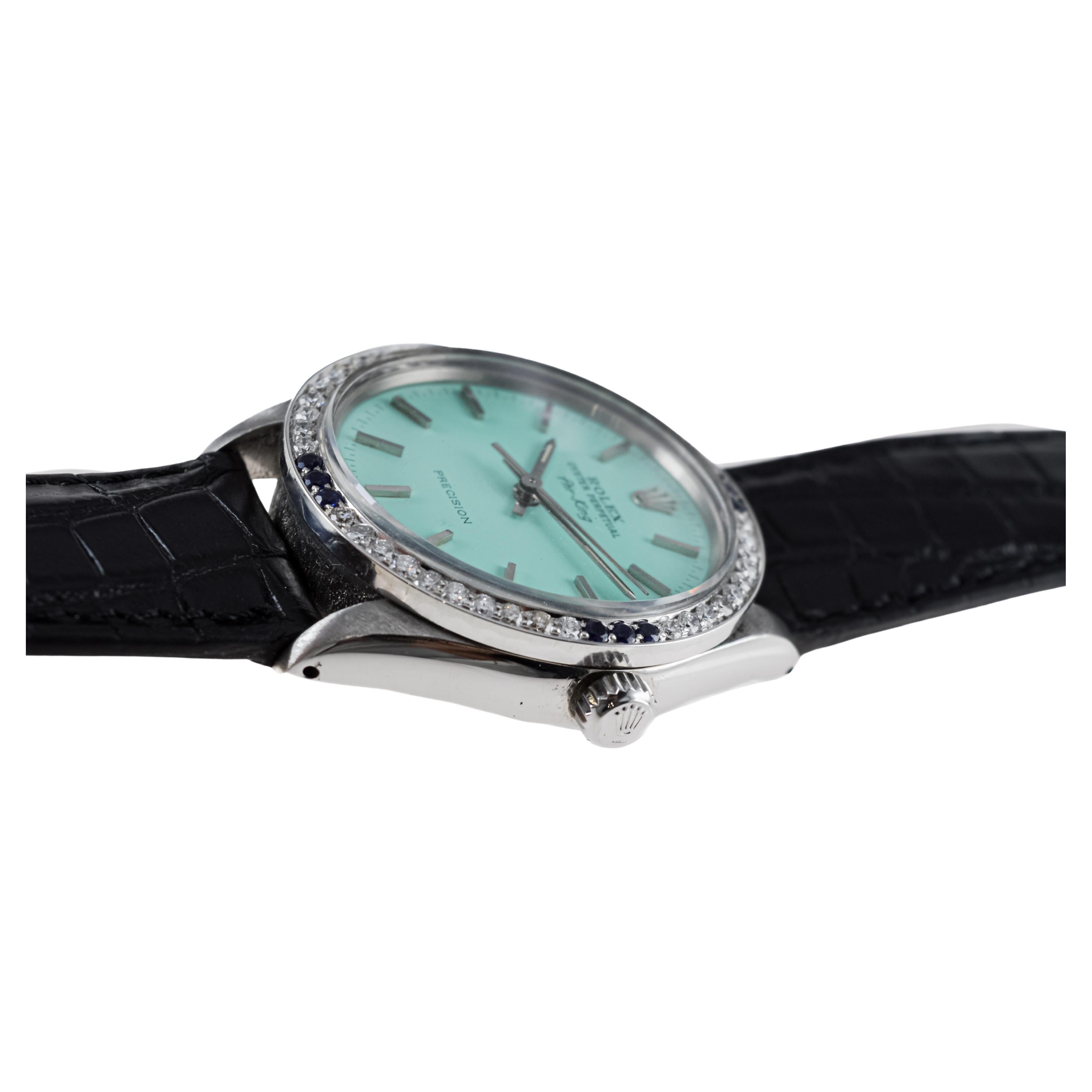 Rolex Steel Air-King with Custom Blue Dial And Diamond Bezel circa 1970's For Sale 10