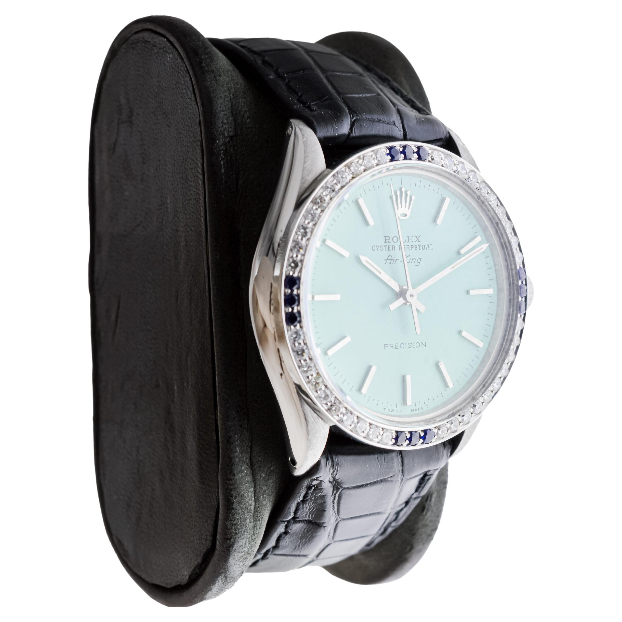 FACTORY / HOUSE: Rolex Watch Company
STYLE / REFERENCE: Air King / Reference 5500
METAL / MATERIAL: Stainless Steel & Diamond & Sapphire Bezel
CIRCA / YEAR: 1970's
DIMENSIONS / SIZE: Length 40mm X Diameter 34mm
MOVEMENT / CALIBER: Perpetual Winding