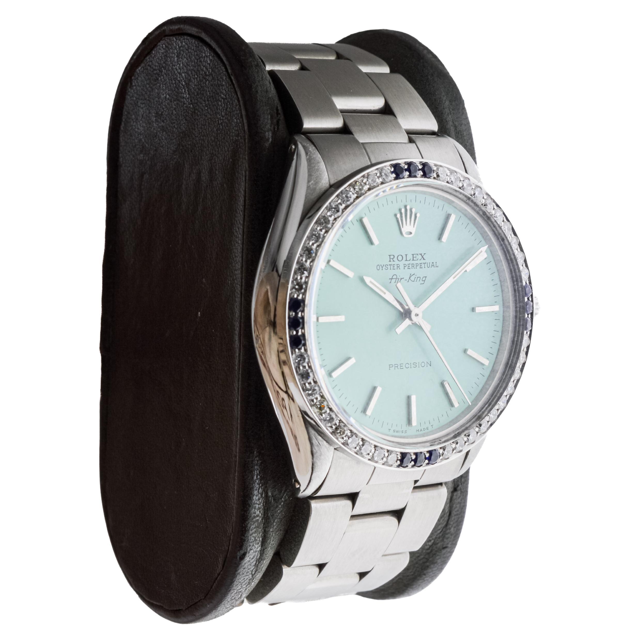 FACTORY / HOUSE: Rolex Watch Company
STYLE / REFERENCE: Air King / Reference 5500
METAL / MATERIAL: Stainless Steel & Diamond & Sapphire Bezel
CIRCA / YEAR: 1970's
DIMENSIONS / SIZE: Length 40mm X Diameter 35mm
MOVEMENT / CALIBER: Perpetual Winding