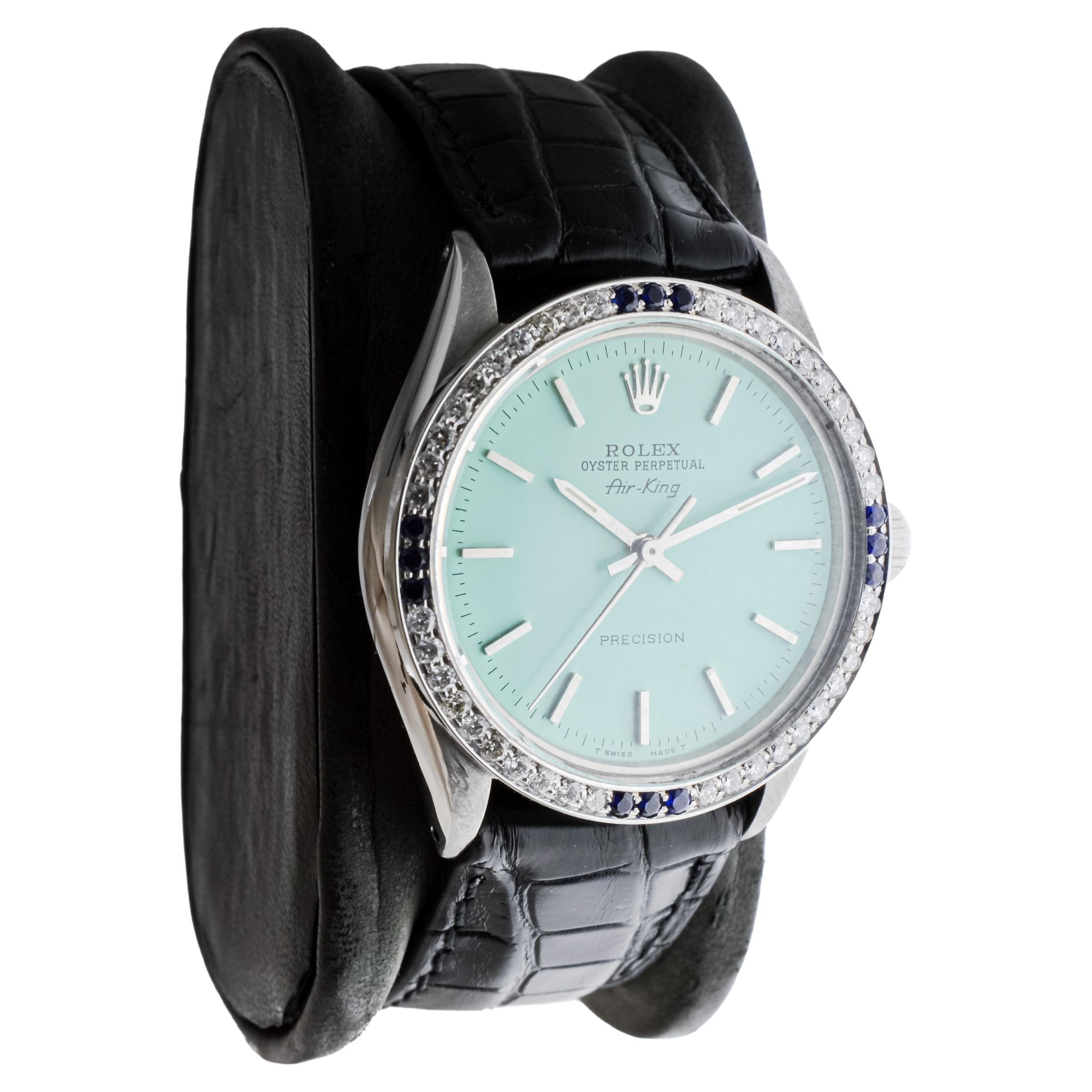 Modern Rolex Steel Air-King with Custom Blue Dial And Diamond Bezel circa 1970's For Sale
