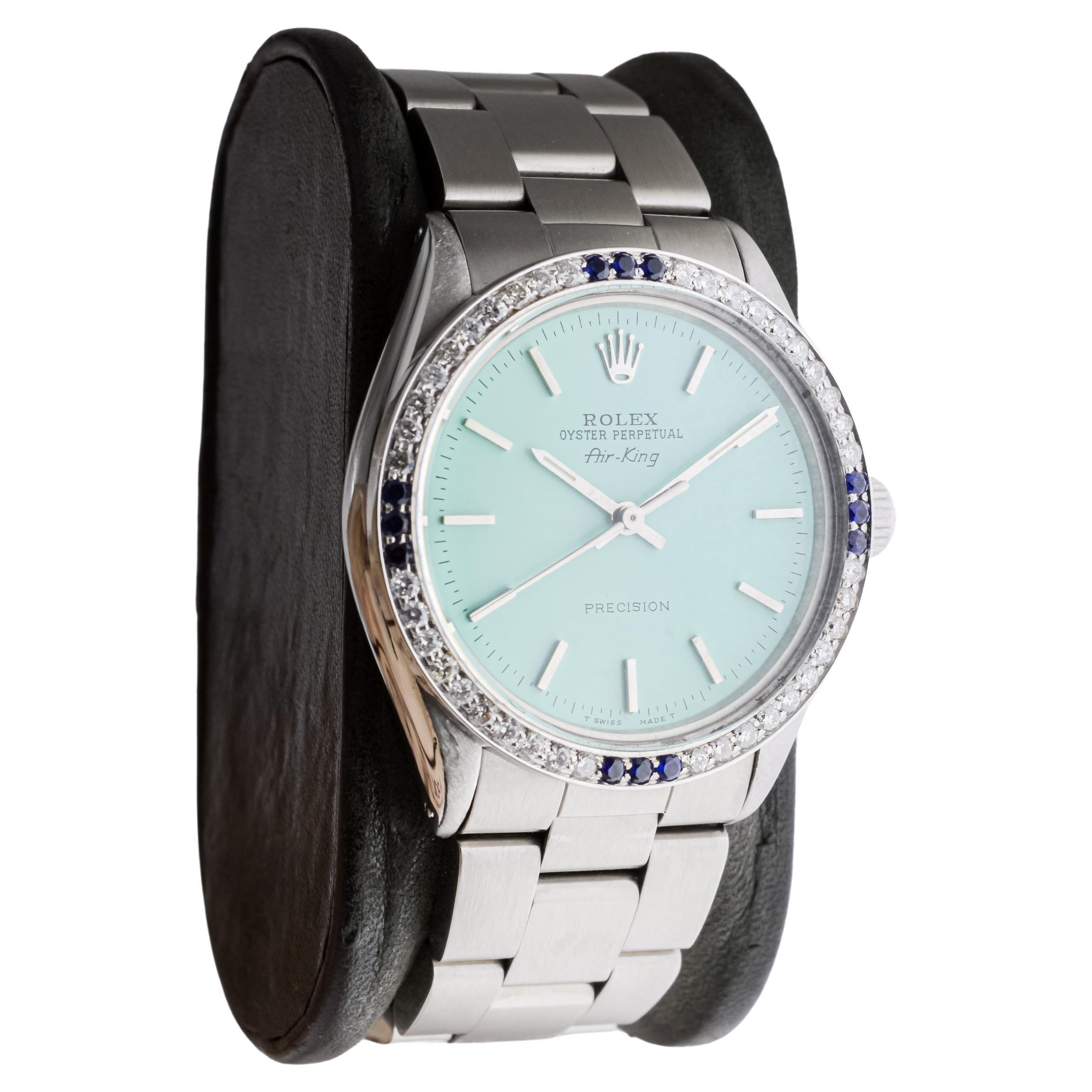 Modern Rolex Steel Air-King with Custom Blue Dial and Diamond Bezel circa 1970's For Sale