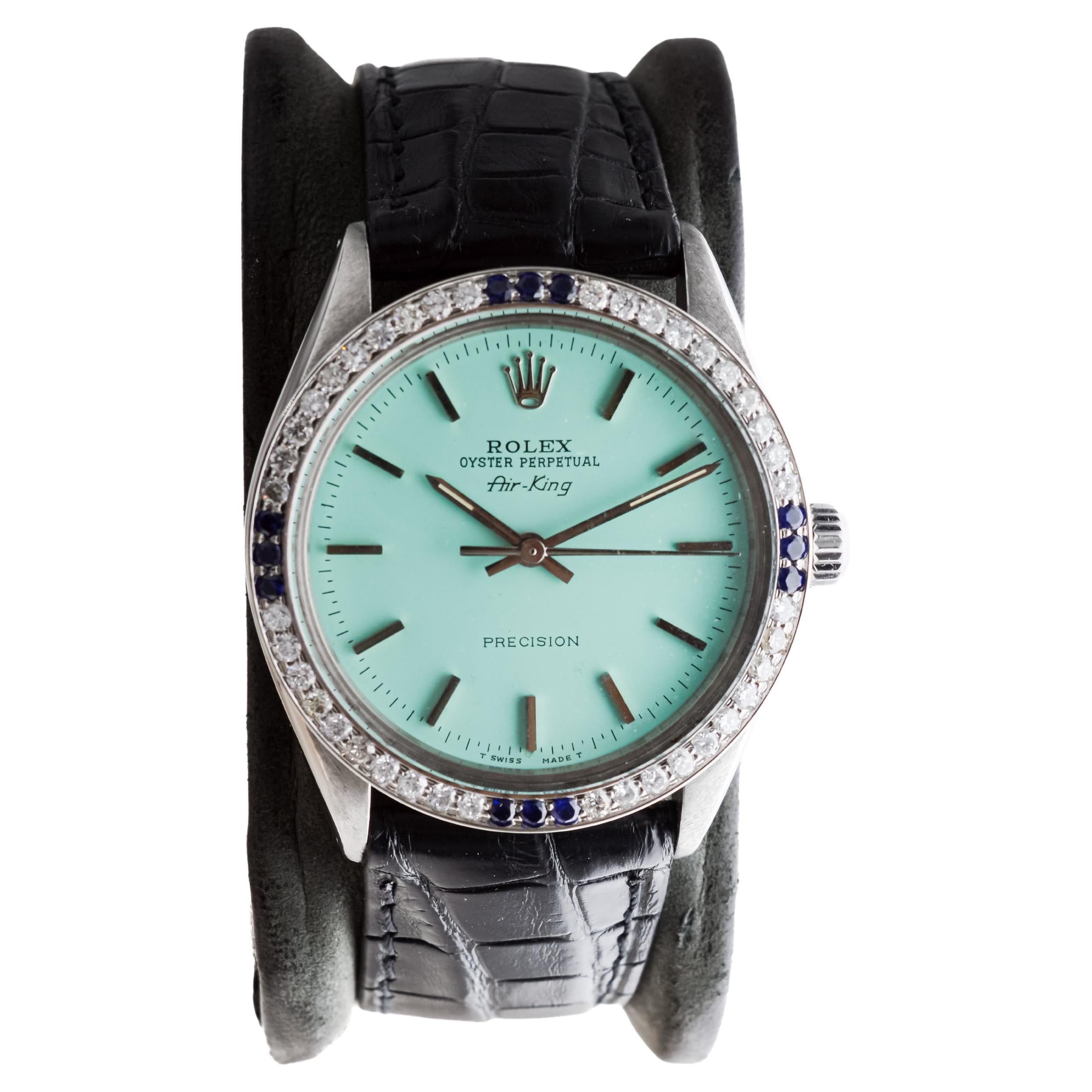 Rolex Steel Air-King with Custom Blue Dial And Diamond Bezel circa 1970's In Excellent Condition For Sale In Long Beach, CA