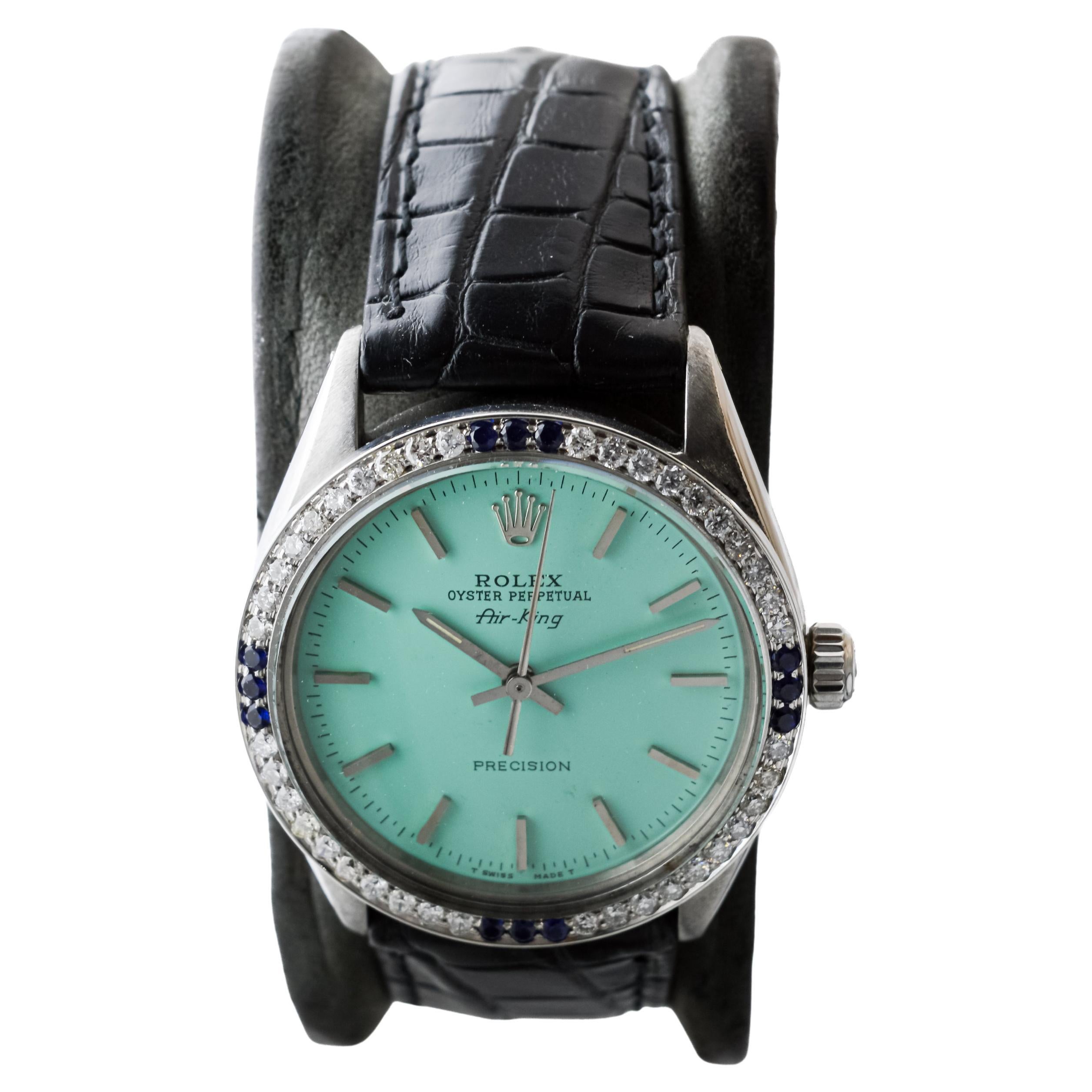 Women's or Men's Rolex Steel Air-King with Custom Blue Dial And Diamond Bezel circa 1970's For Sale