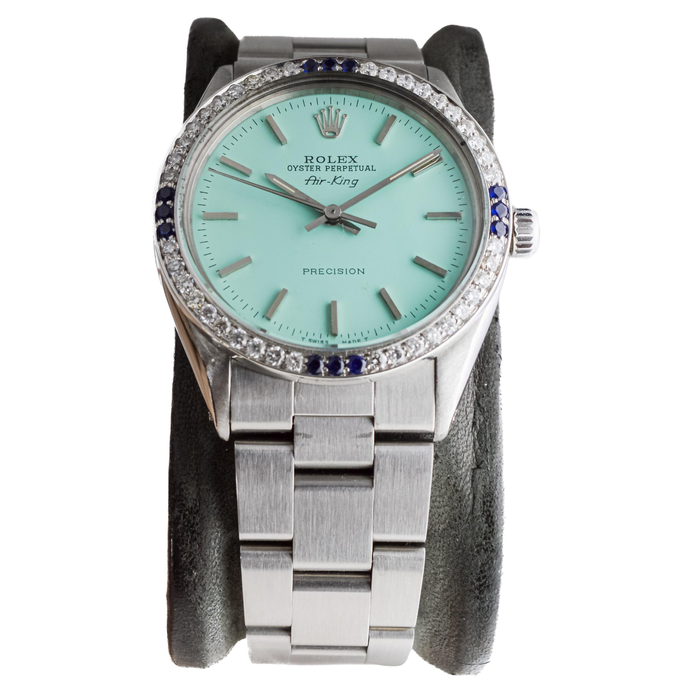 Women's or Men's Rolex Steel Air-King with Custom Blue Dial and Diamond Bezel circa 1970's For Sale