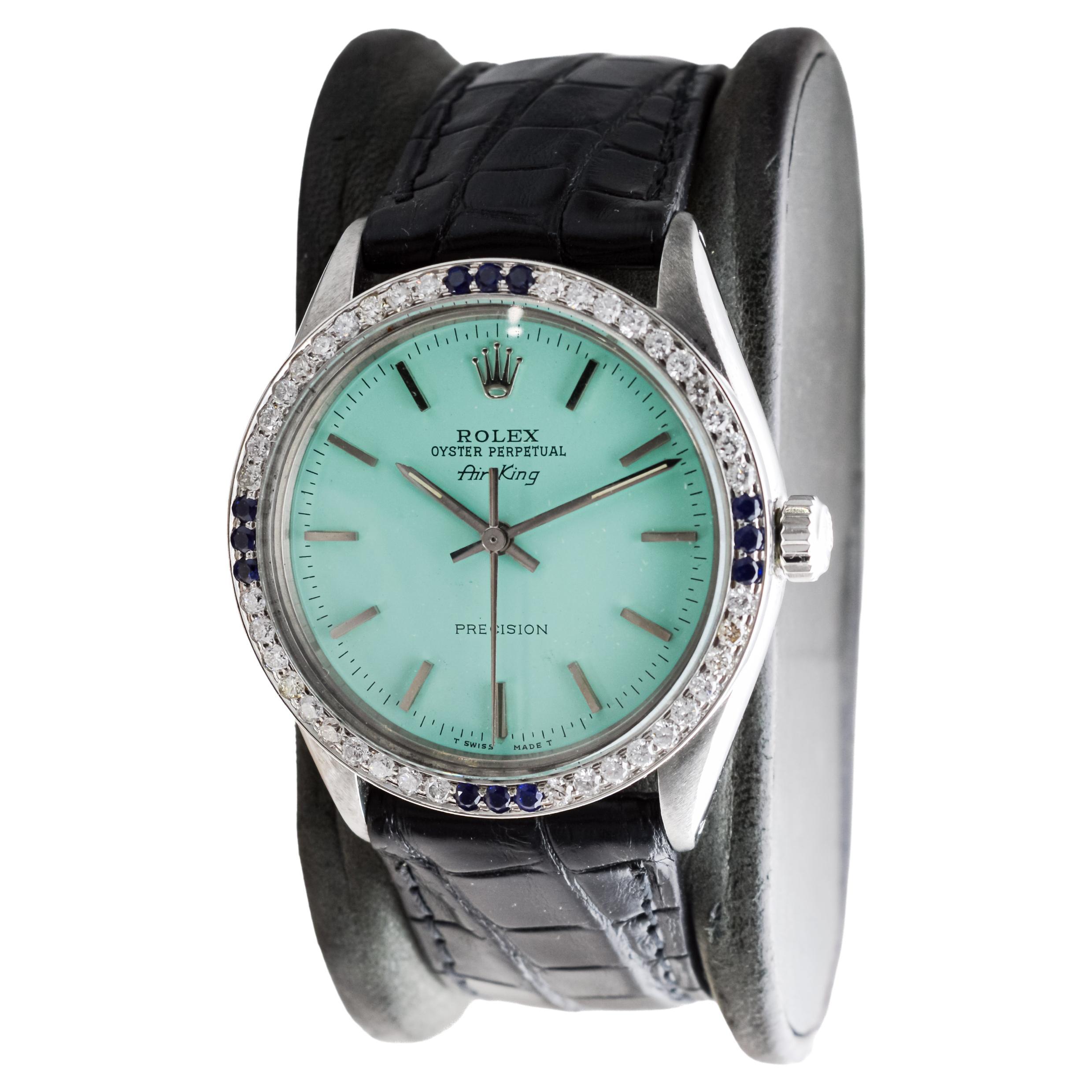 Rolex Steel Air-King with Custom Blue Dial And Diamond Bezel circa 1970's For Sale 1