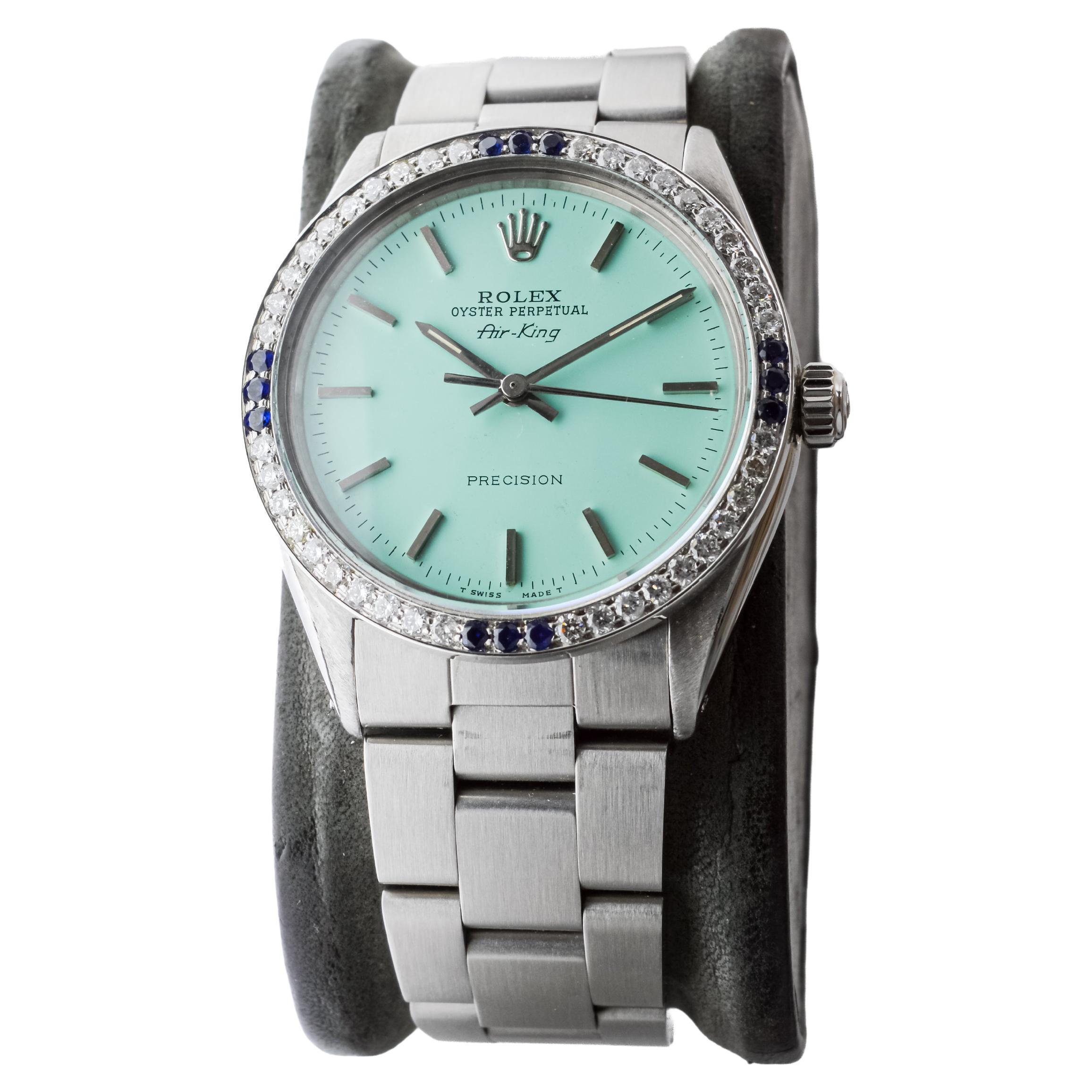 Rolex Steel Air-King with Custom Blue Dial and Diamond Bezel circa 1970's For Sale 1