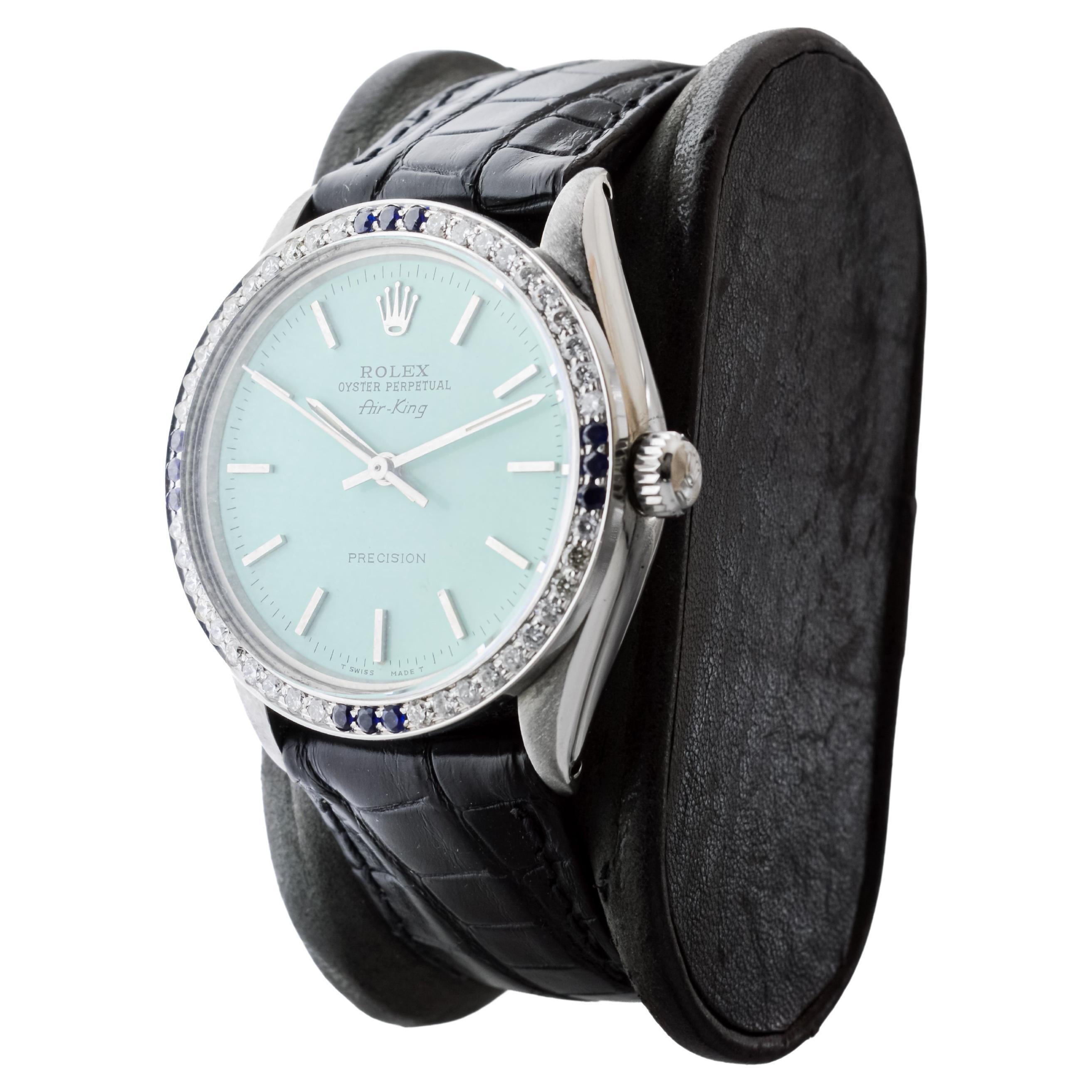 Rolex Steel Air-King with Custom Blue Dial And Diamond Bezel circa 1970's For Sale 2
