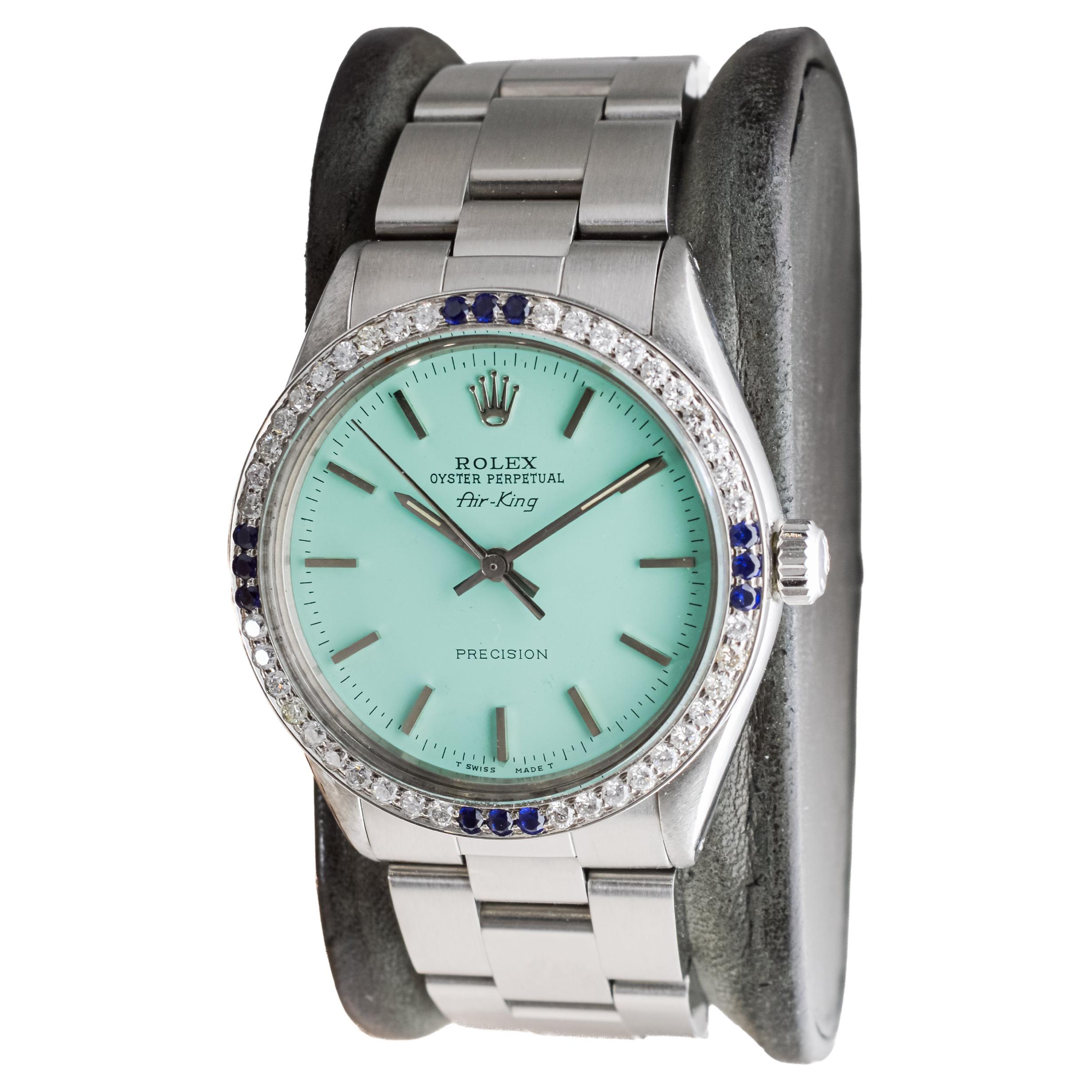 Rolex Steel Air-King with Custom Blue Dial and Diamond Bezel circa 1970's For Sale 2