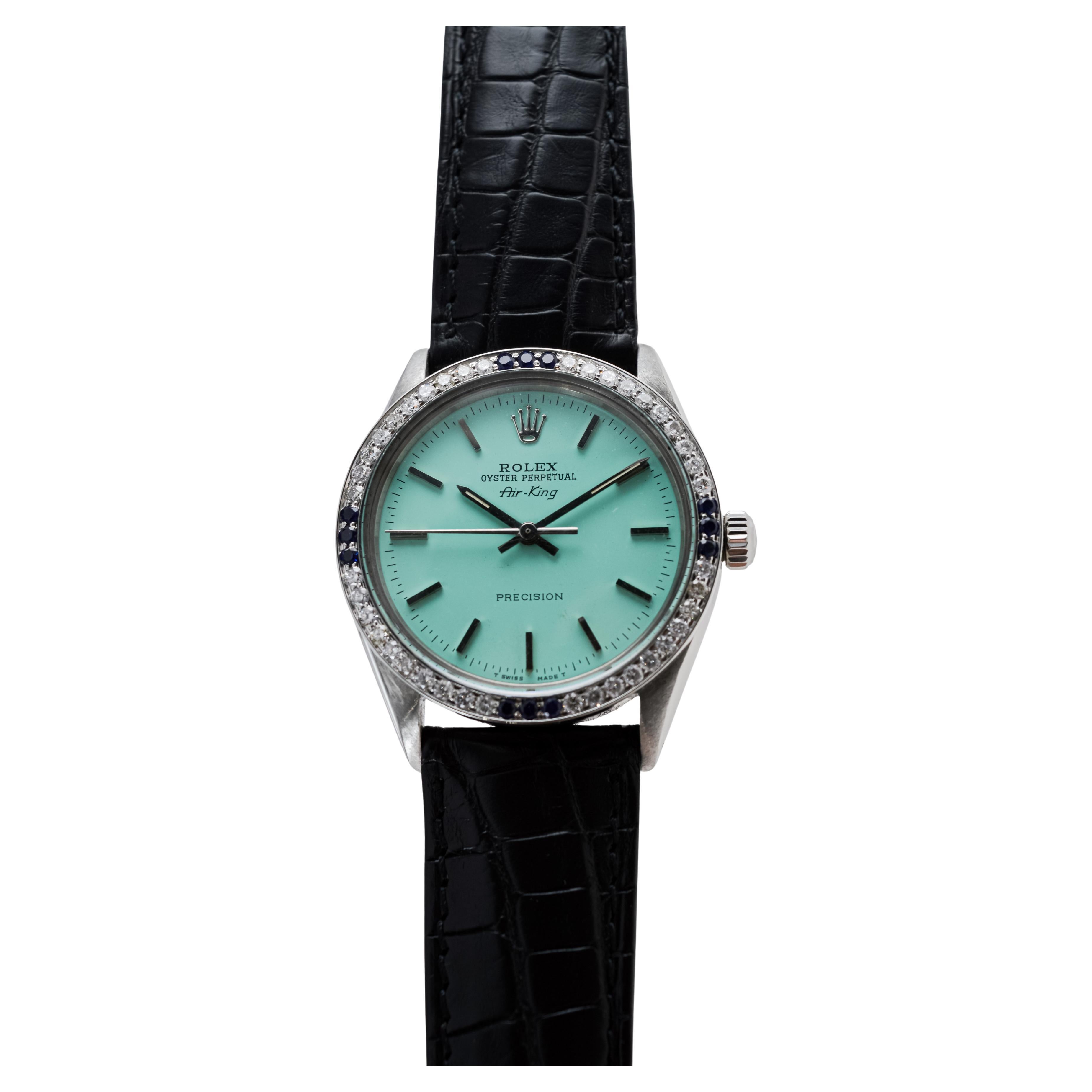 Rolex Steel Air-King with Custom Blue Dial And Diamond Bezel circa 1970's For Sale 3