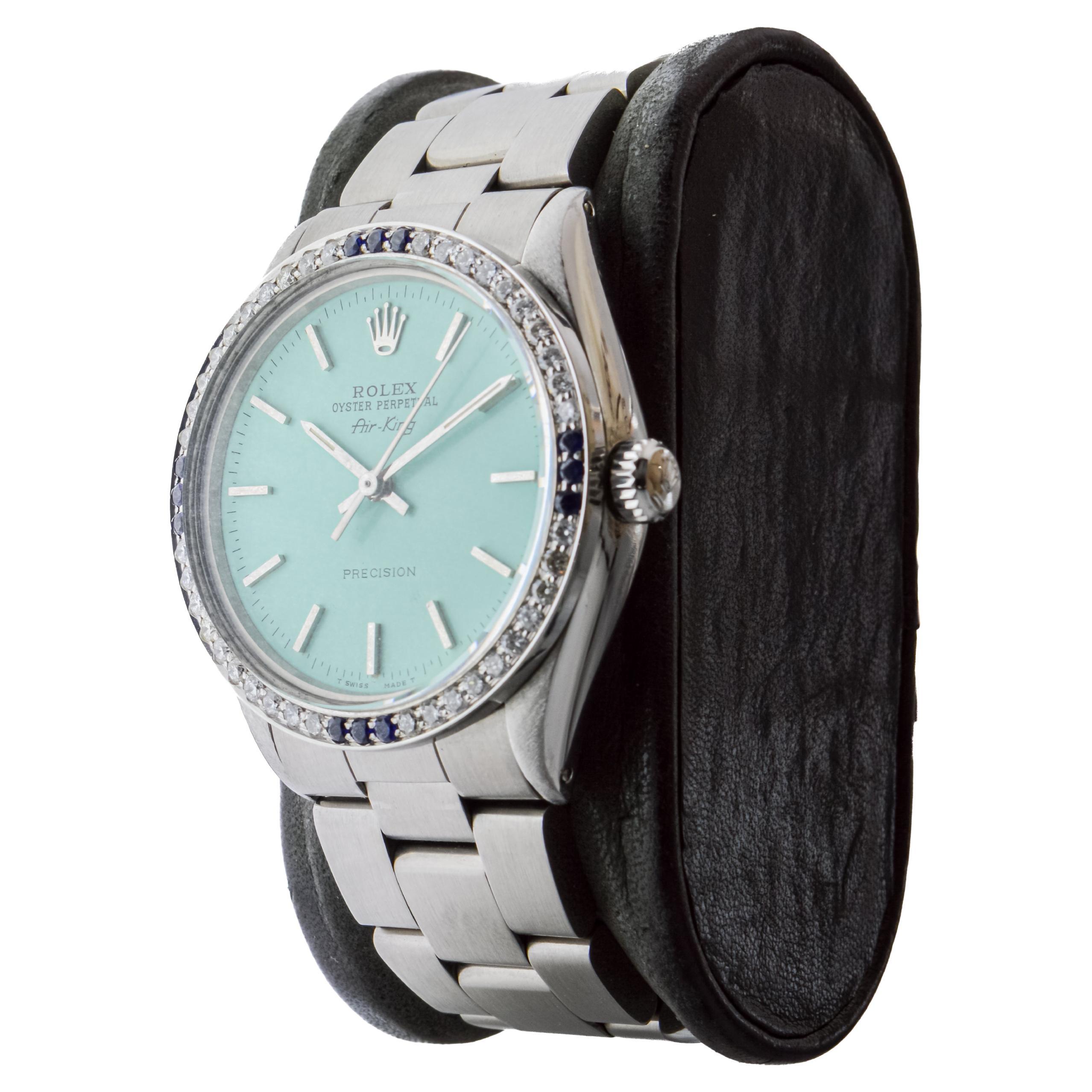 Rolex Steel Air-King with Custom Blue Dial and Diamond Bezel circa 1970's For Sale 3