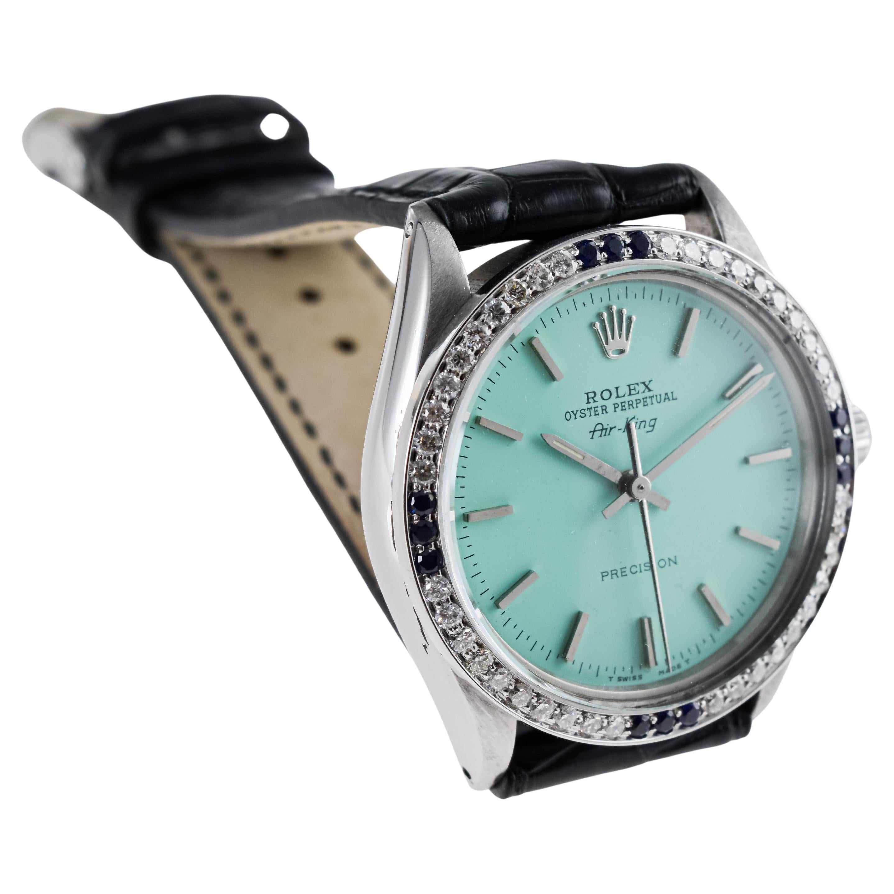 Rolex Steel Air-King with Custom Blue Dial And Diamond Bezel circa 1970's For Sale 4