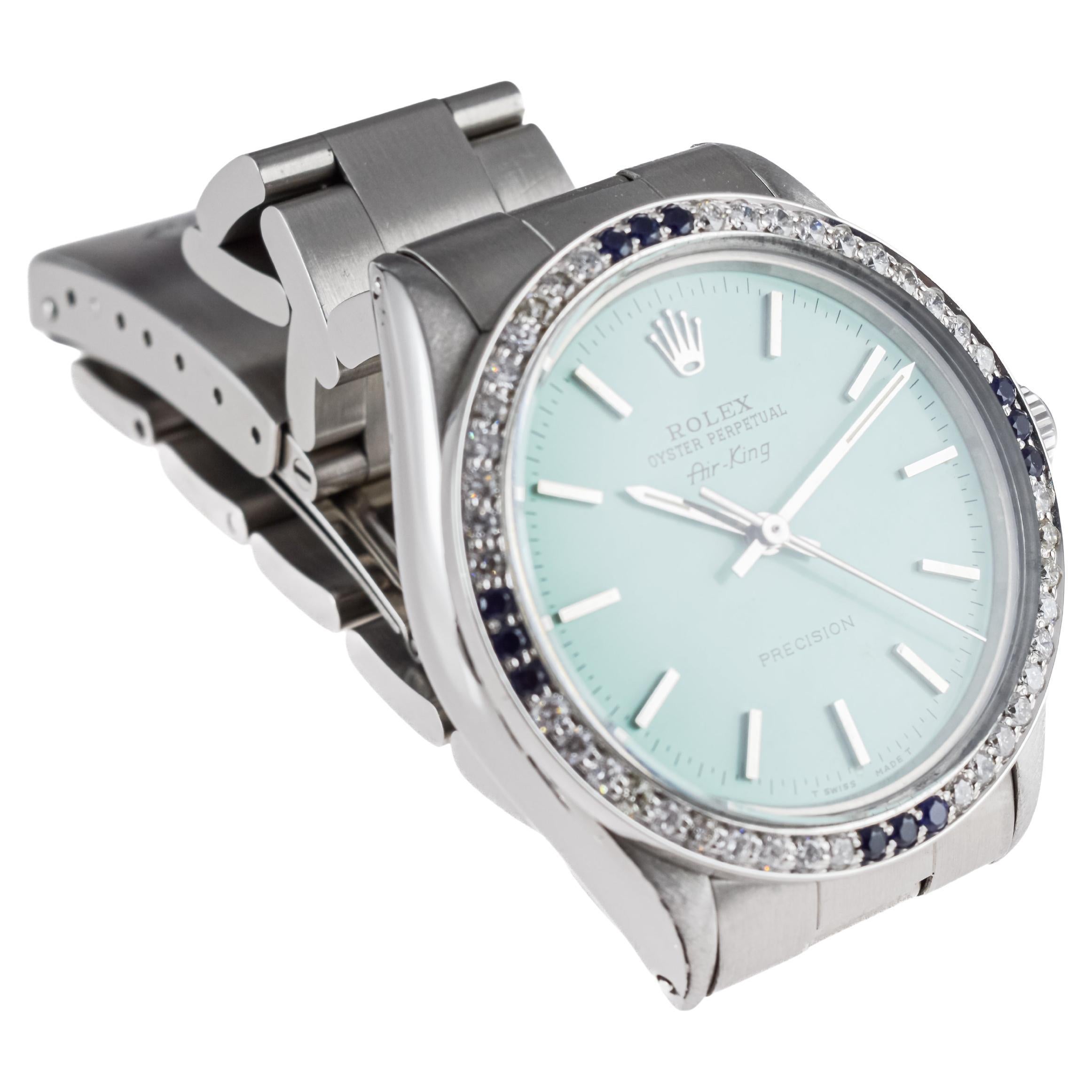 Rolex Steel Air-King with Custom Blue Dial and Diamond Bezel circa 1970's For Sale 4
