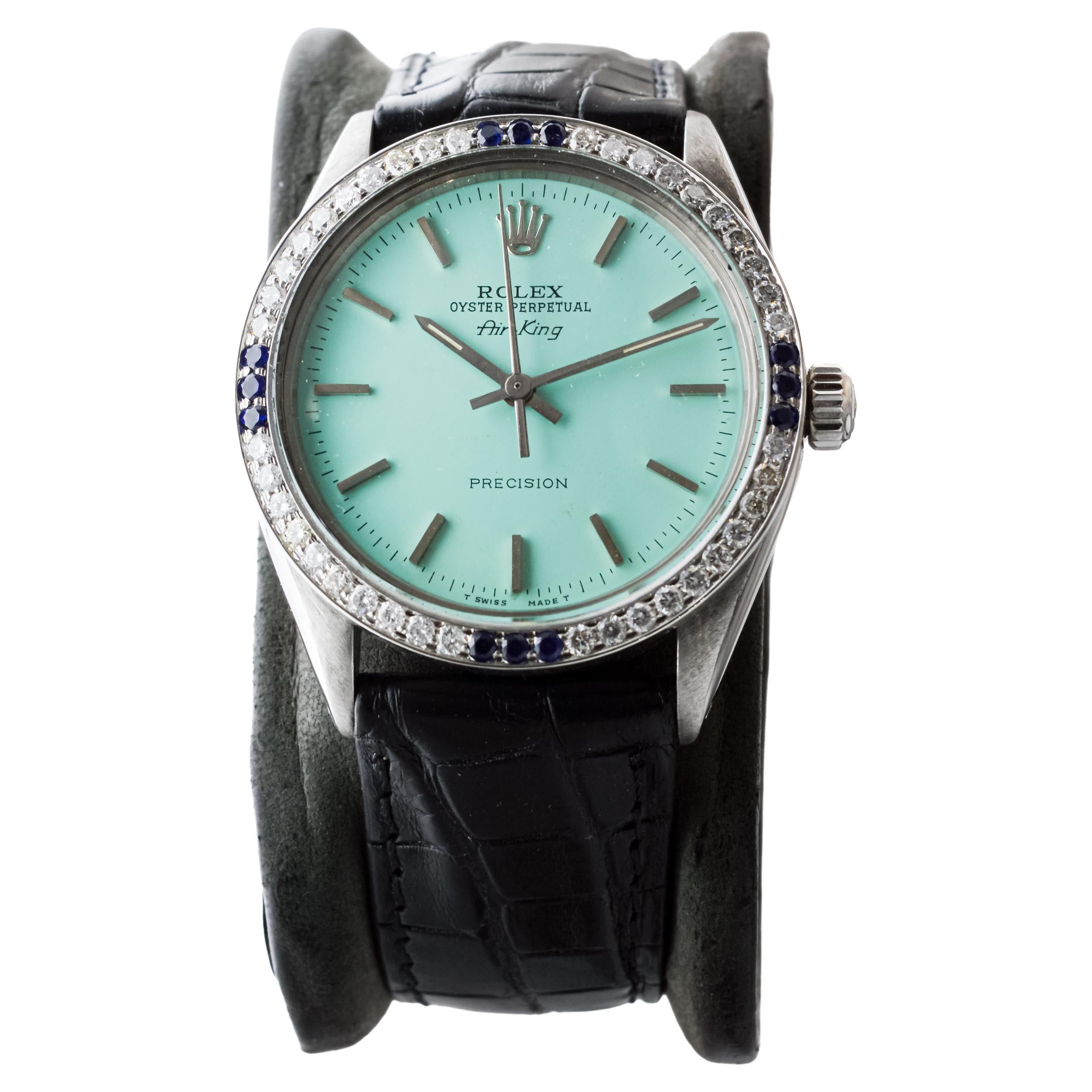 Rolex Steel Air-King avec cadran bleu personnalisé et lunette à diamants circa 1970's