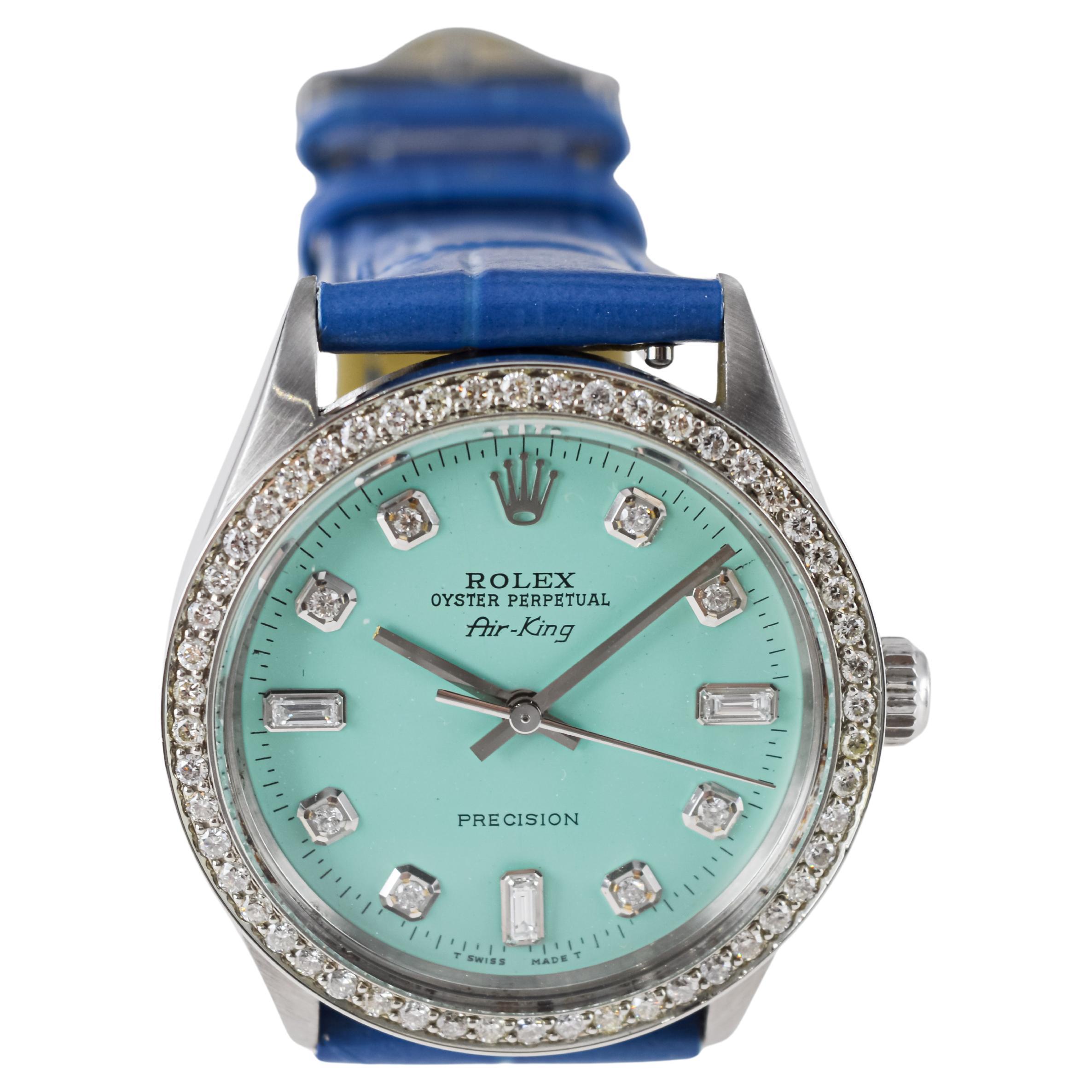 Rolex Air King de acero con esfera personalizada de diamantes azules y bisel de diamantes ca 1970's en venta 5