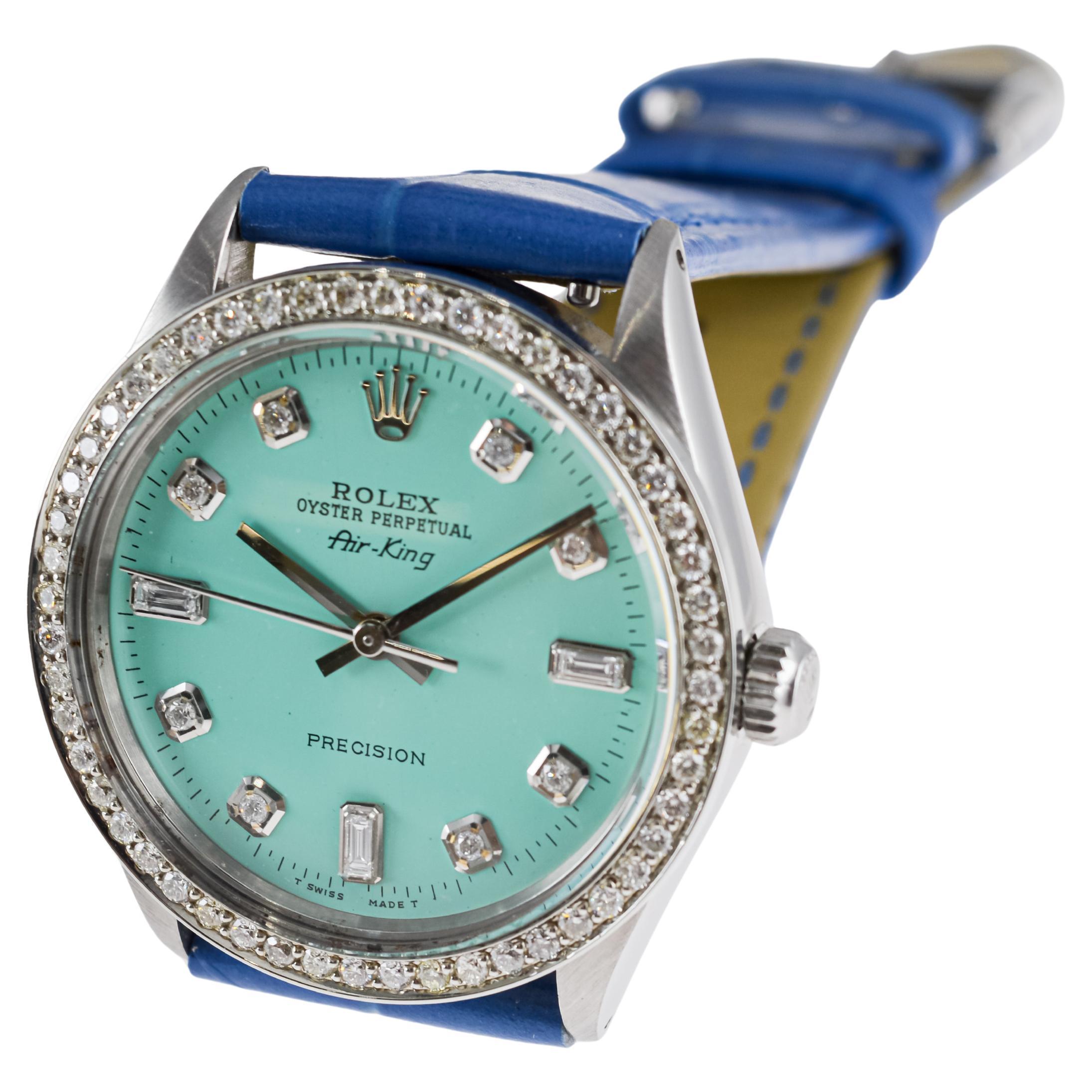 Rolex Air King de acero con esfera personalizada de diamantes azules y bisel de diamantes ca 1970's en venta 6