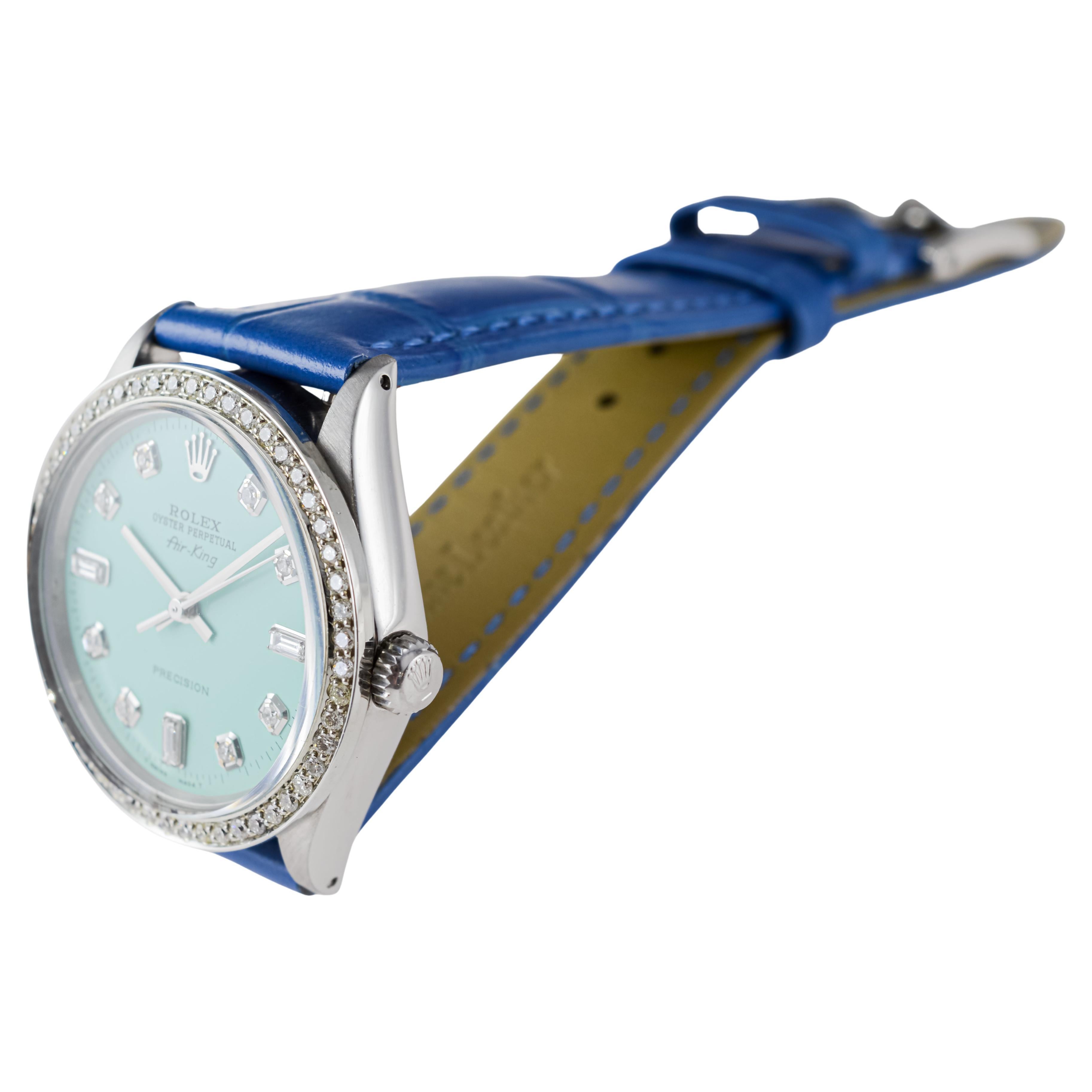 Rolex Air King de acero con esfera personalizada de diamantes azules y bisel de diamantes ca 1970's en venta 7