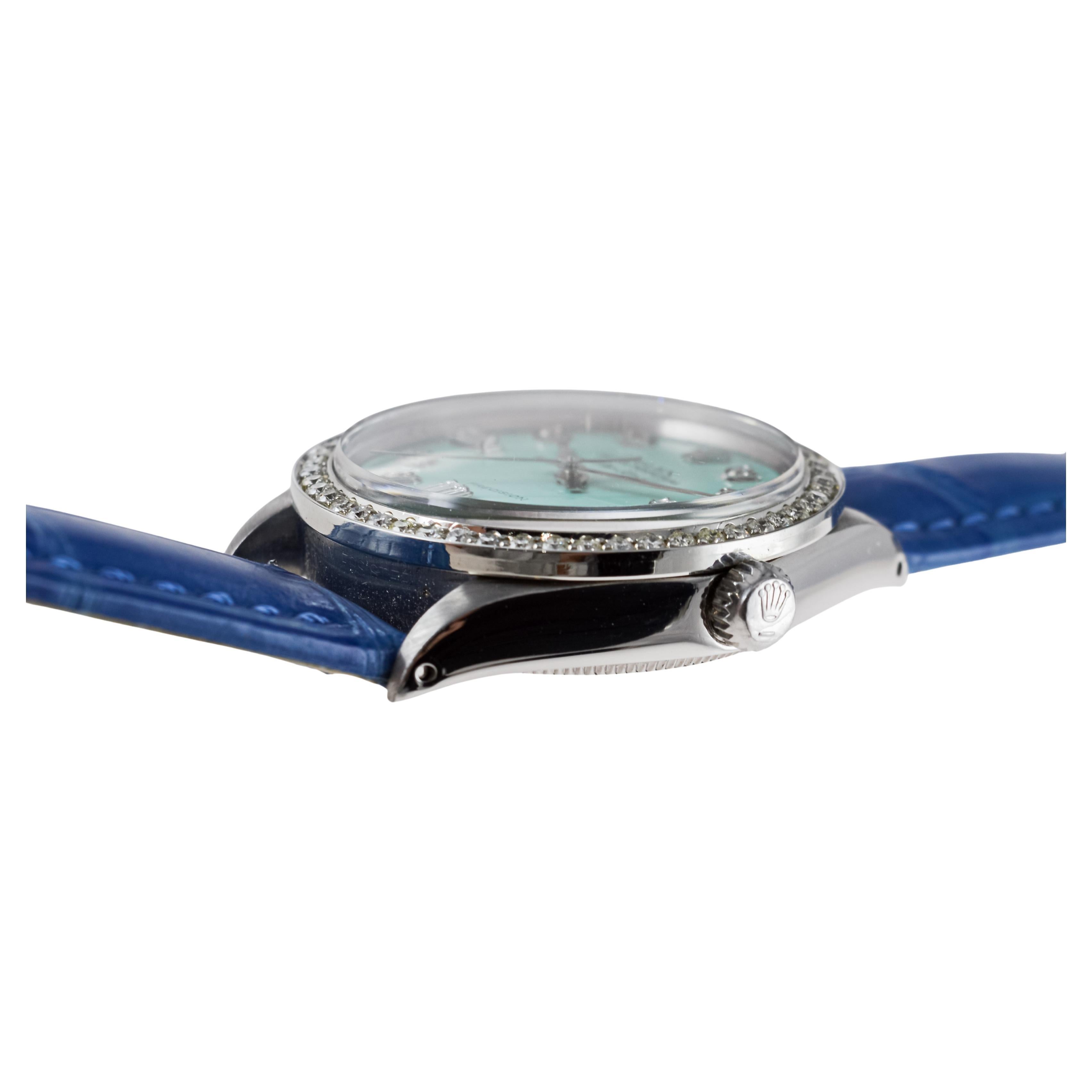 Rolex Air King de acero con esfera personalizada de diamantes azules y bisel de diamantes ca 1970's en venta 8