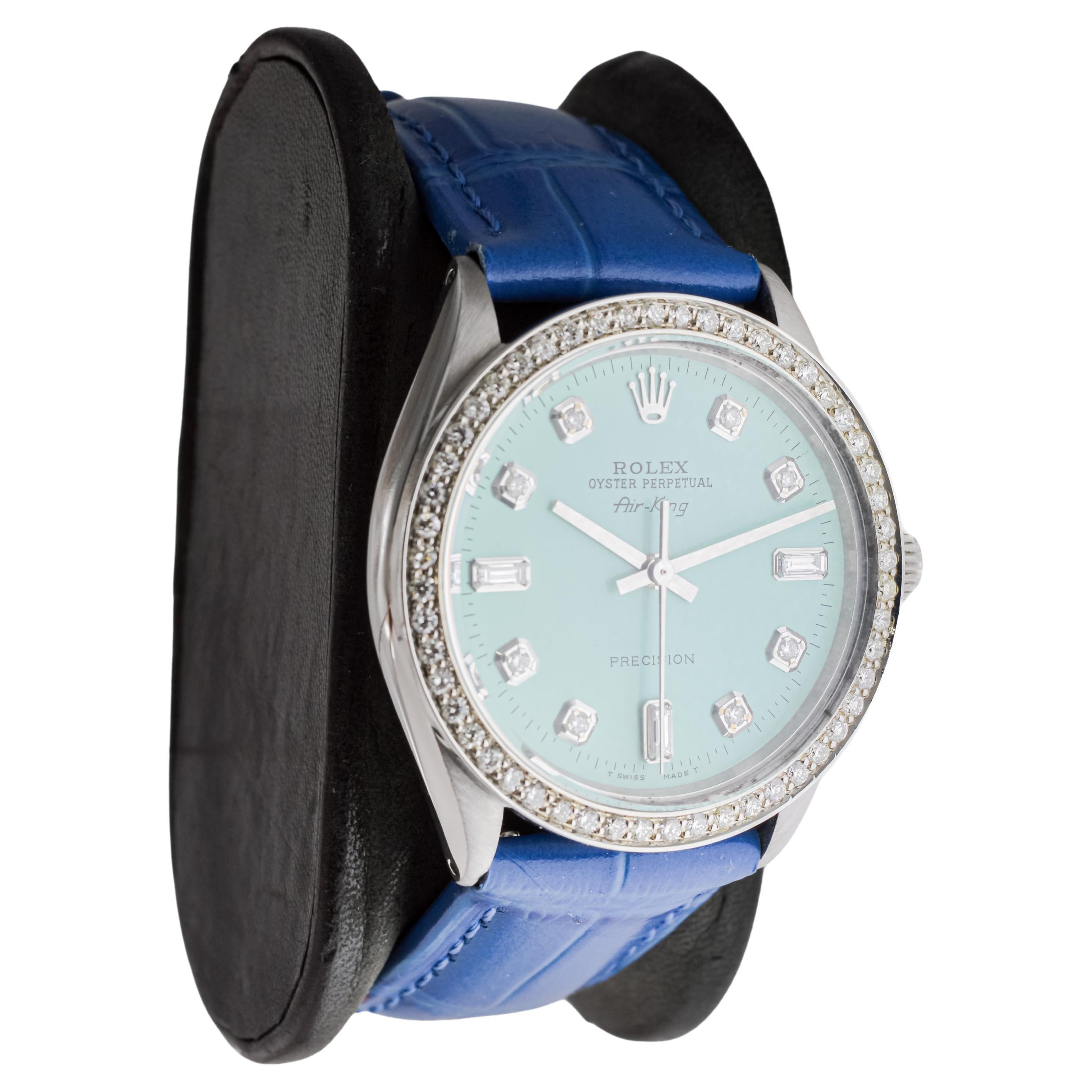 Rolex Air King de acero con esfera personalizada de diamantes azules y bisel de diamantes ca 1970's Moderno en venta