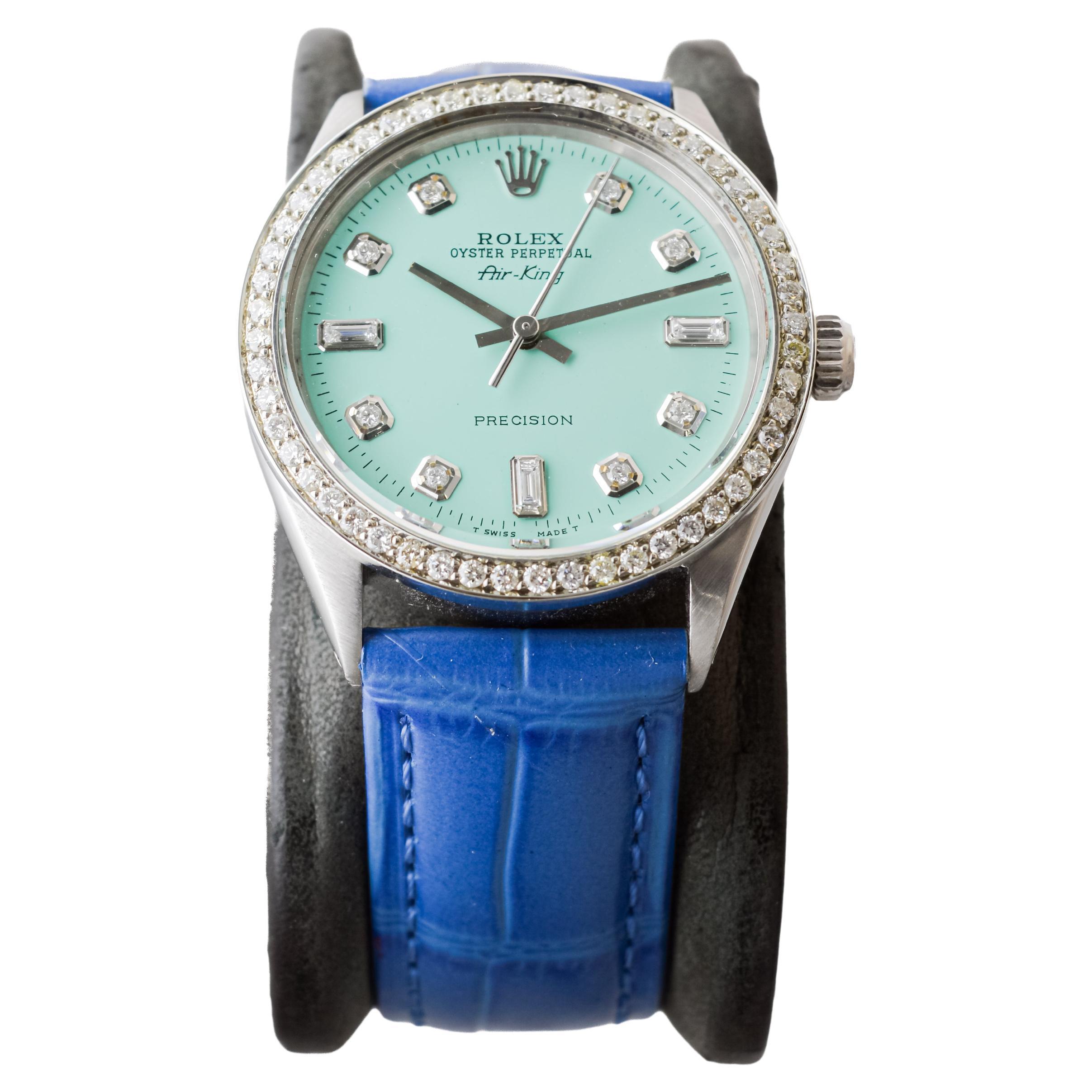 Rolex Air King de acero con esfera personalizada de diamantes azules y bisel de diamantes ca 1970's en Excelente estado para la venta en Long Beach, CA