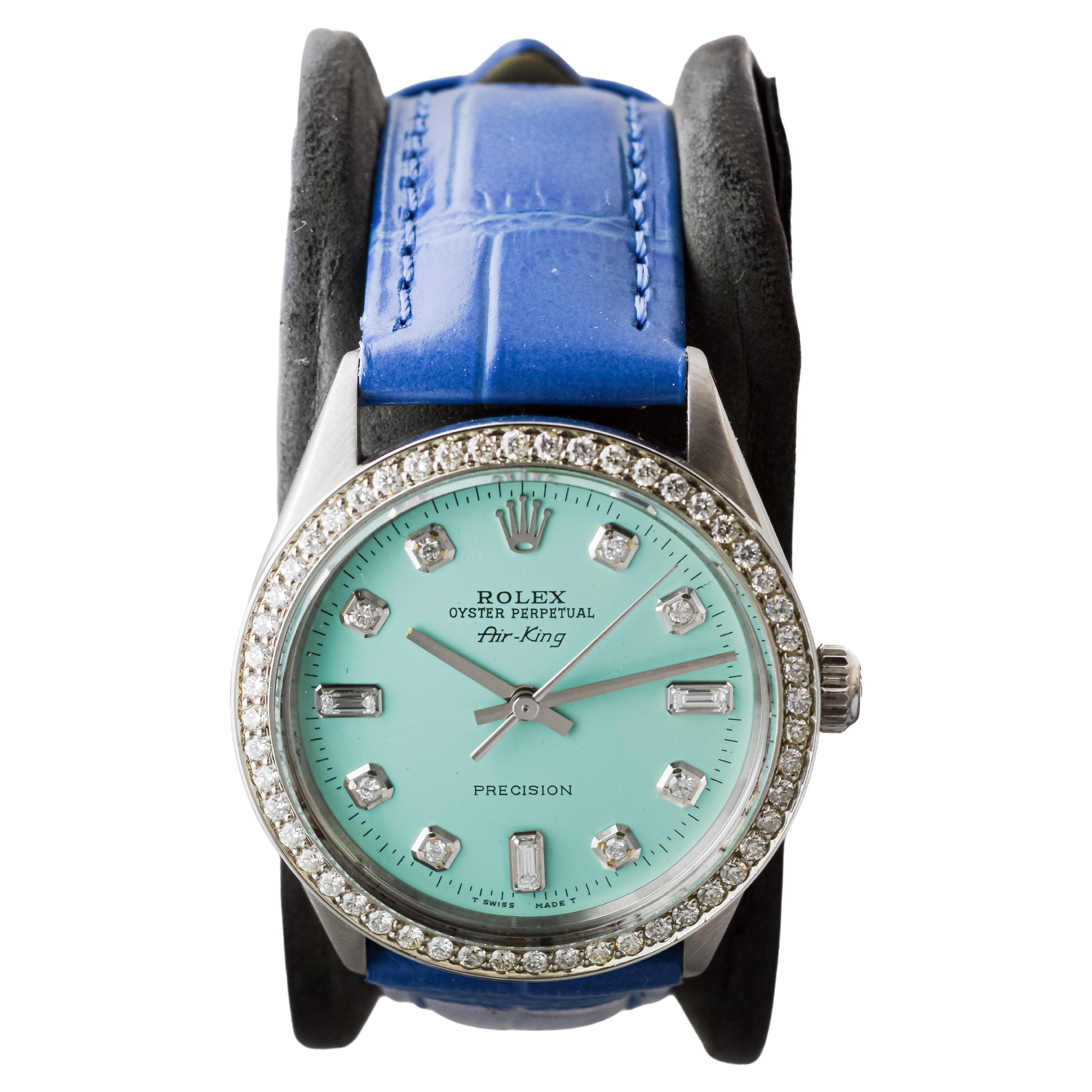 Femenino o masculino Rolex Air King de acero con esfera personalizada de diamantes azules y bisel de diamantes ca 1970's en venta