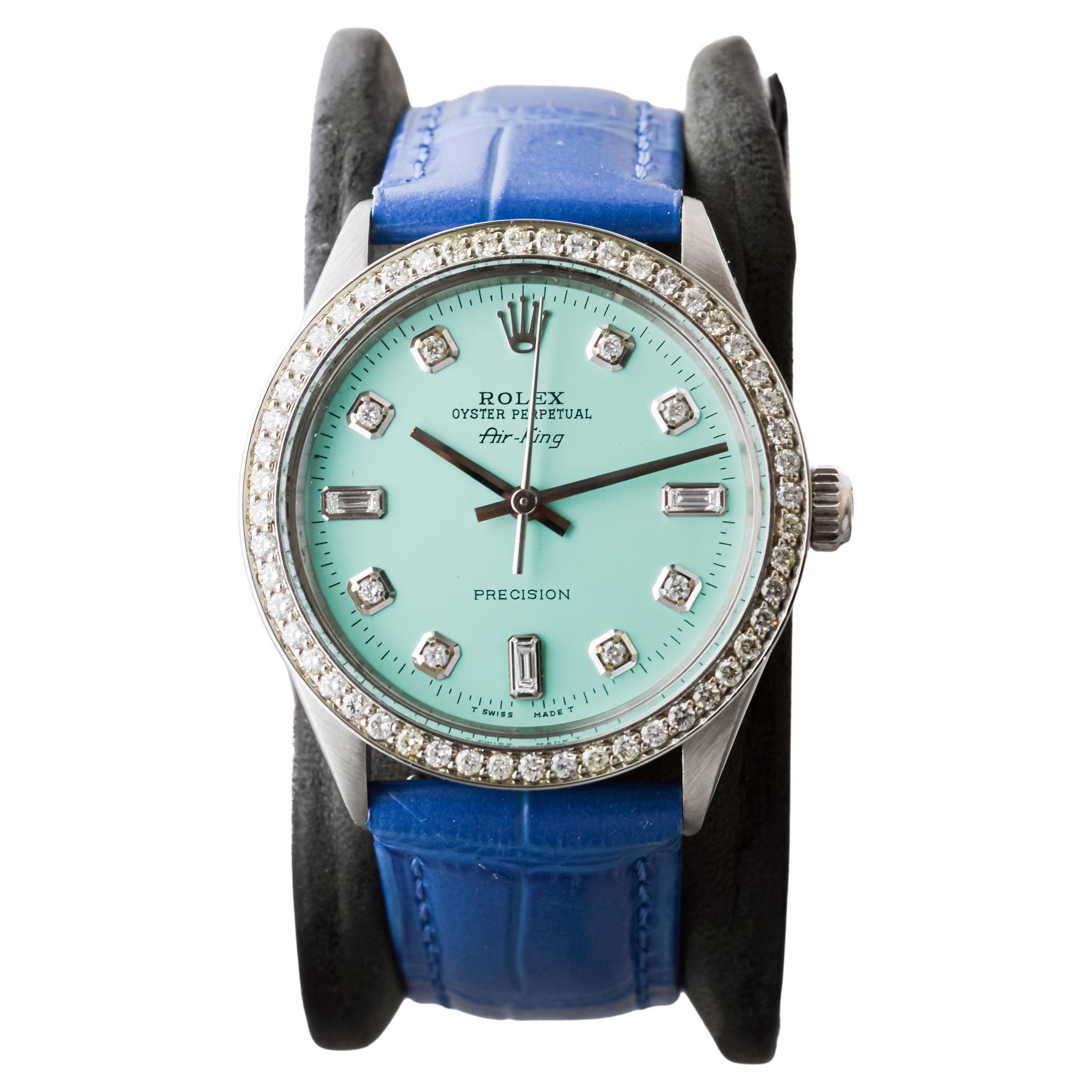 Rolex Air King de acero con esfera personalizada de diamantes azules y bisel de diamantes ca 1970's en venta 1