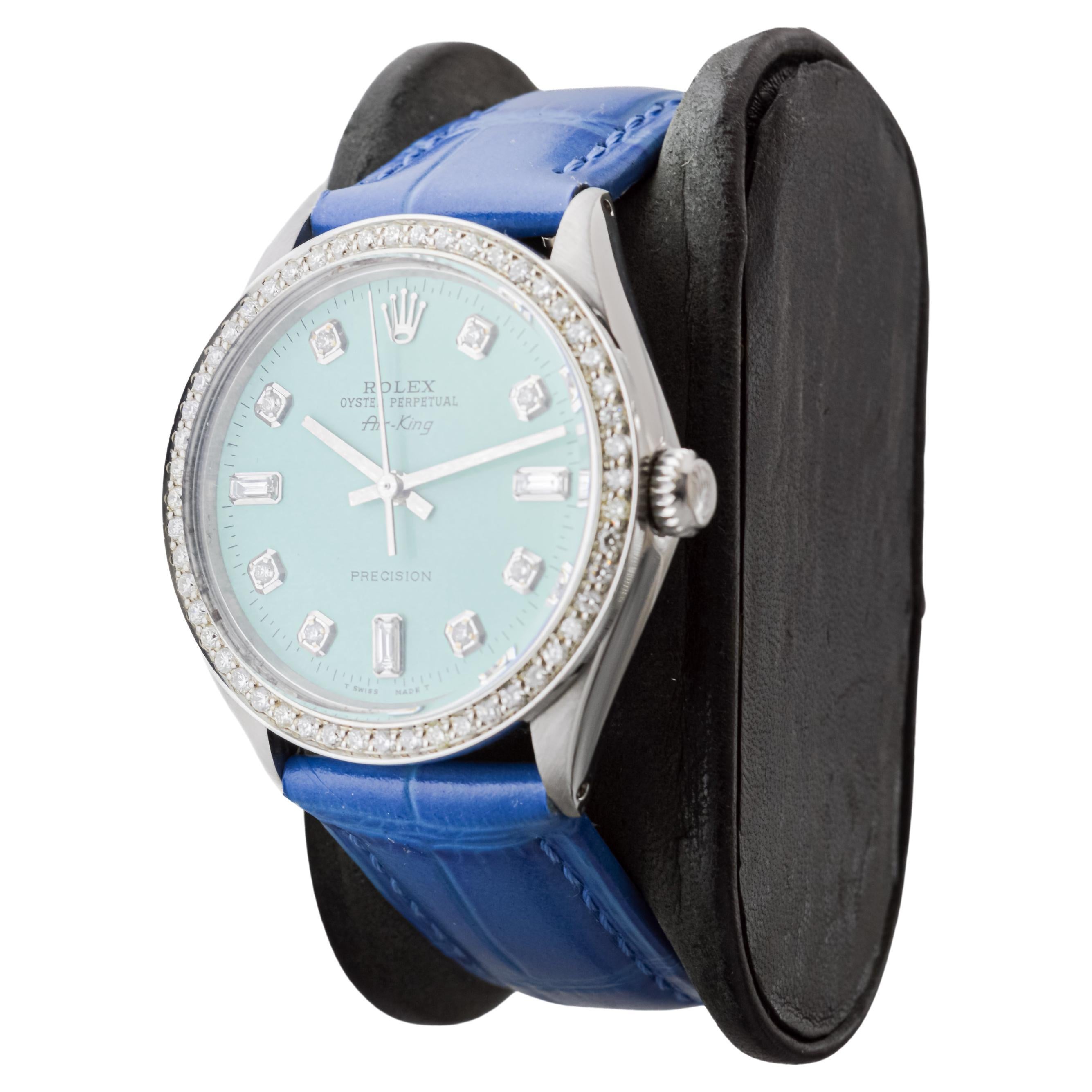 Rolex Air King de acero con esfera personalizada de diamantes azules y bisel de diamantes ca 1970's en venta 2