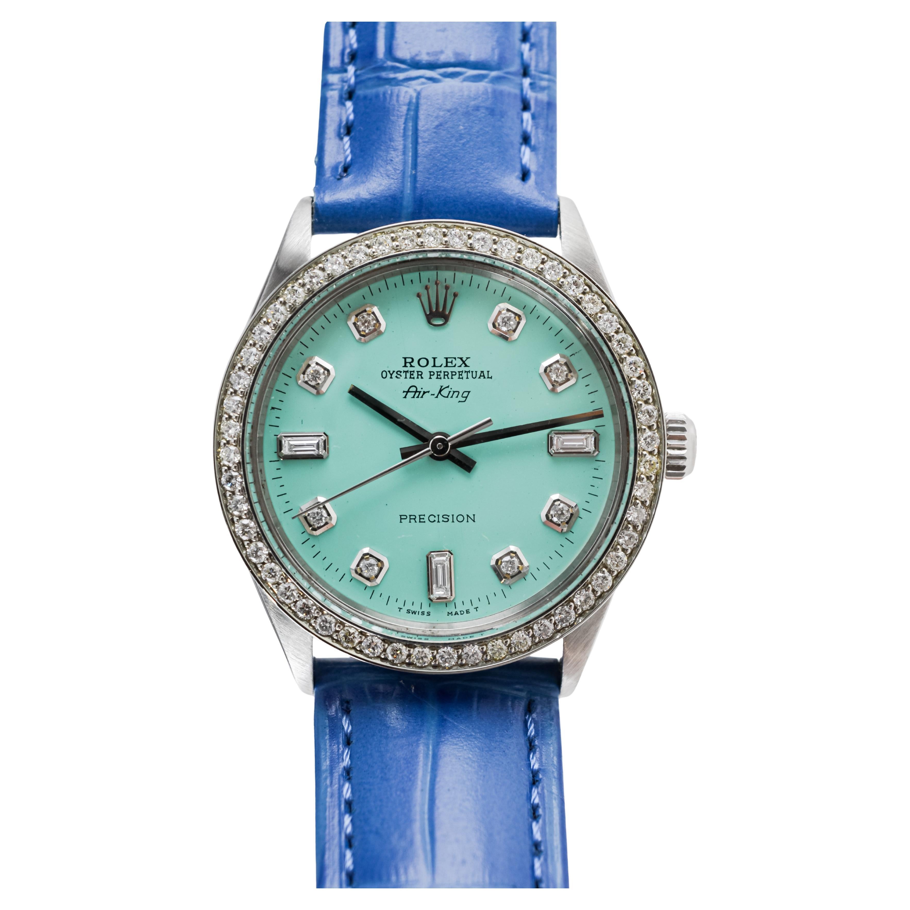 Rolex Air King de acero con esfera personalizada de diamantes azules y bisel de diamantes ca 1970's en venta 3